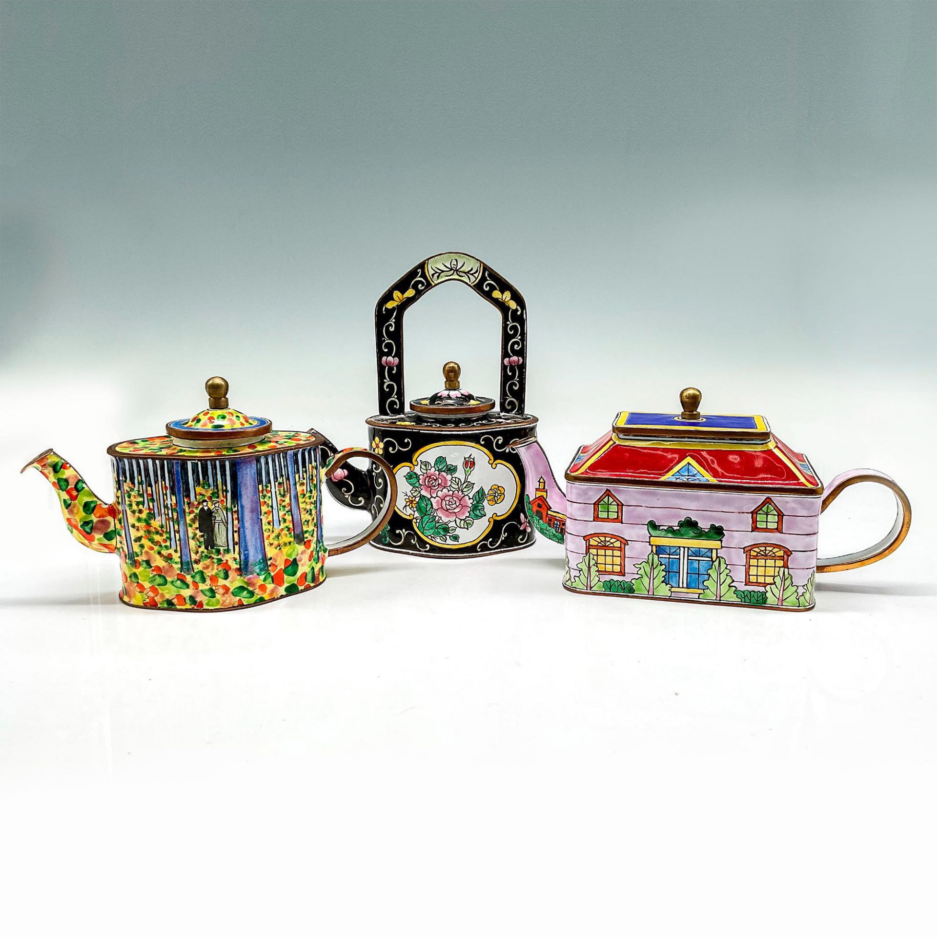 3pc Kevin Chen Enamel Miniature Teapots