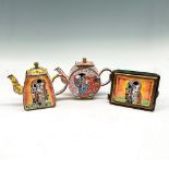 3pc Kevin Chen Enamel Miniature Teapots + Trinket Box, Klimt