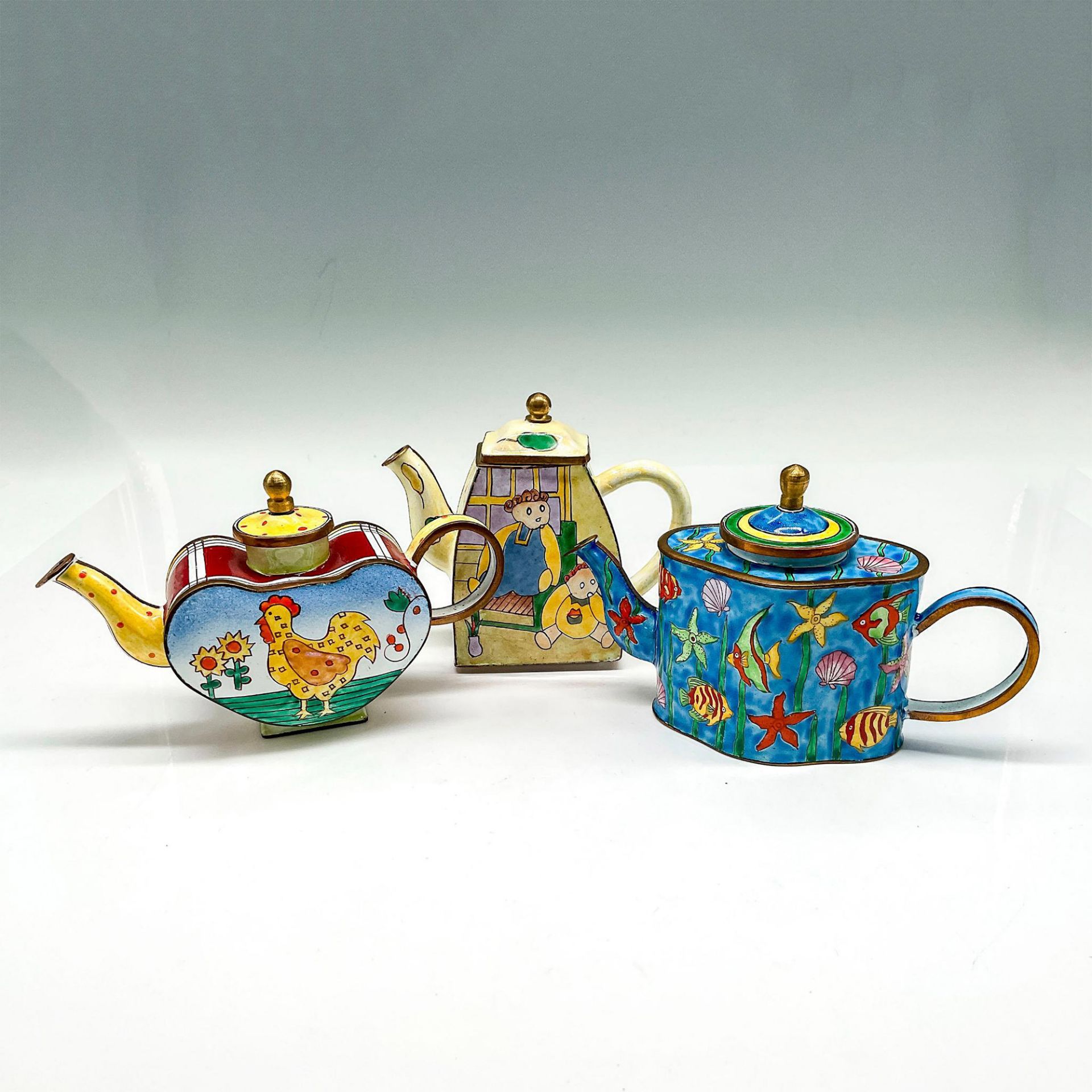 3pc Vintage Kevin Chen Enamel Miniature Teapots