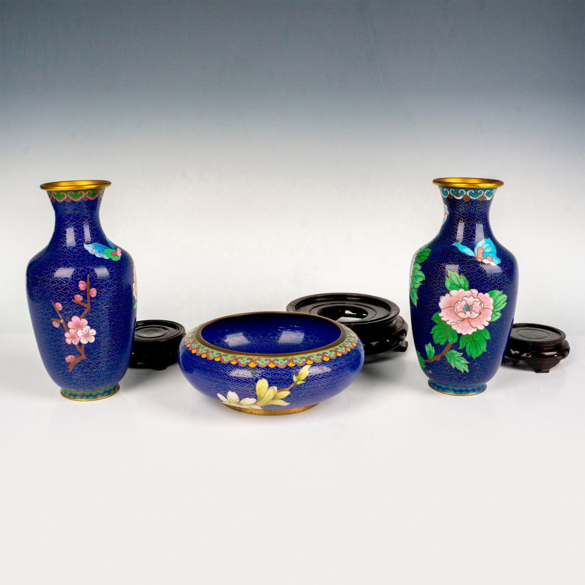 3pc Zi Jin Cheng Chinese Blue Cloisonne Vases - Image 2 of 3