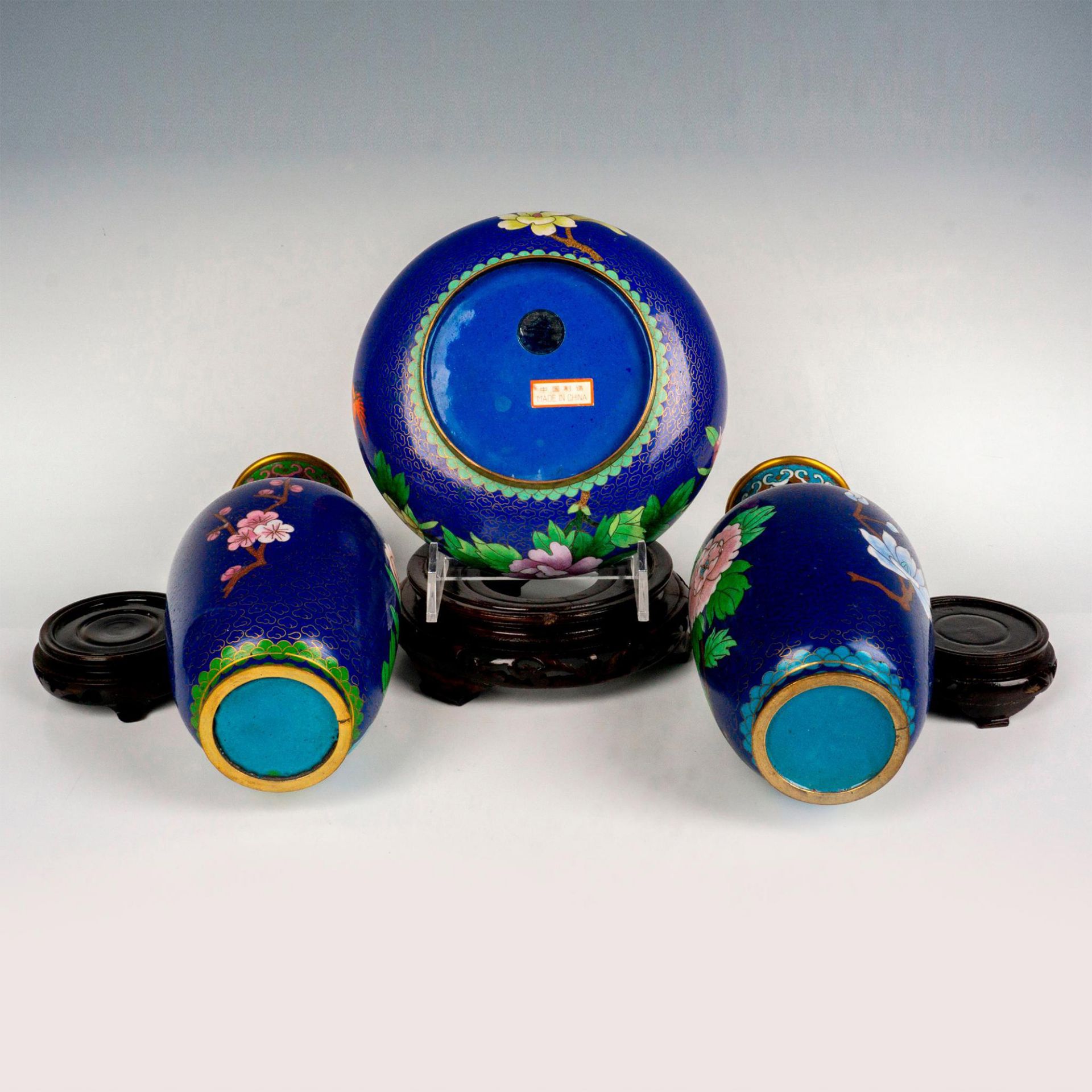 3pc Zi Jin Cheng Chinese Blue Cloisonne Vases - Image 3 of 3