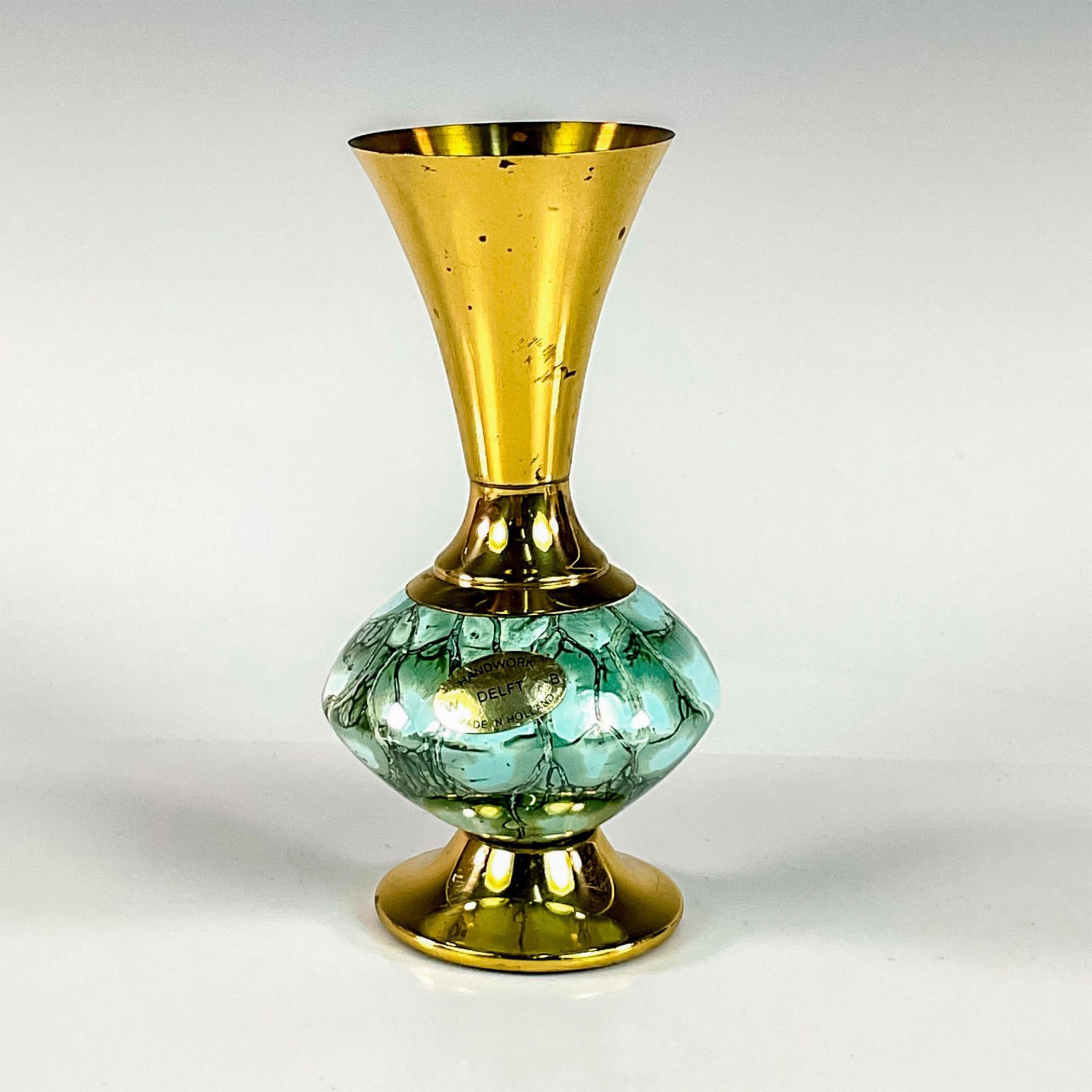 Mid-Century Modern Delft Brass Accented Marbled Glaze Vase