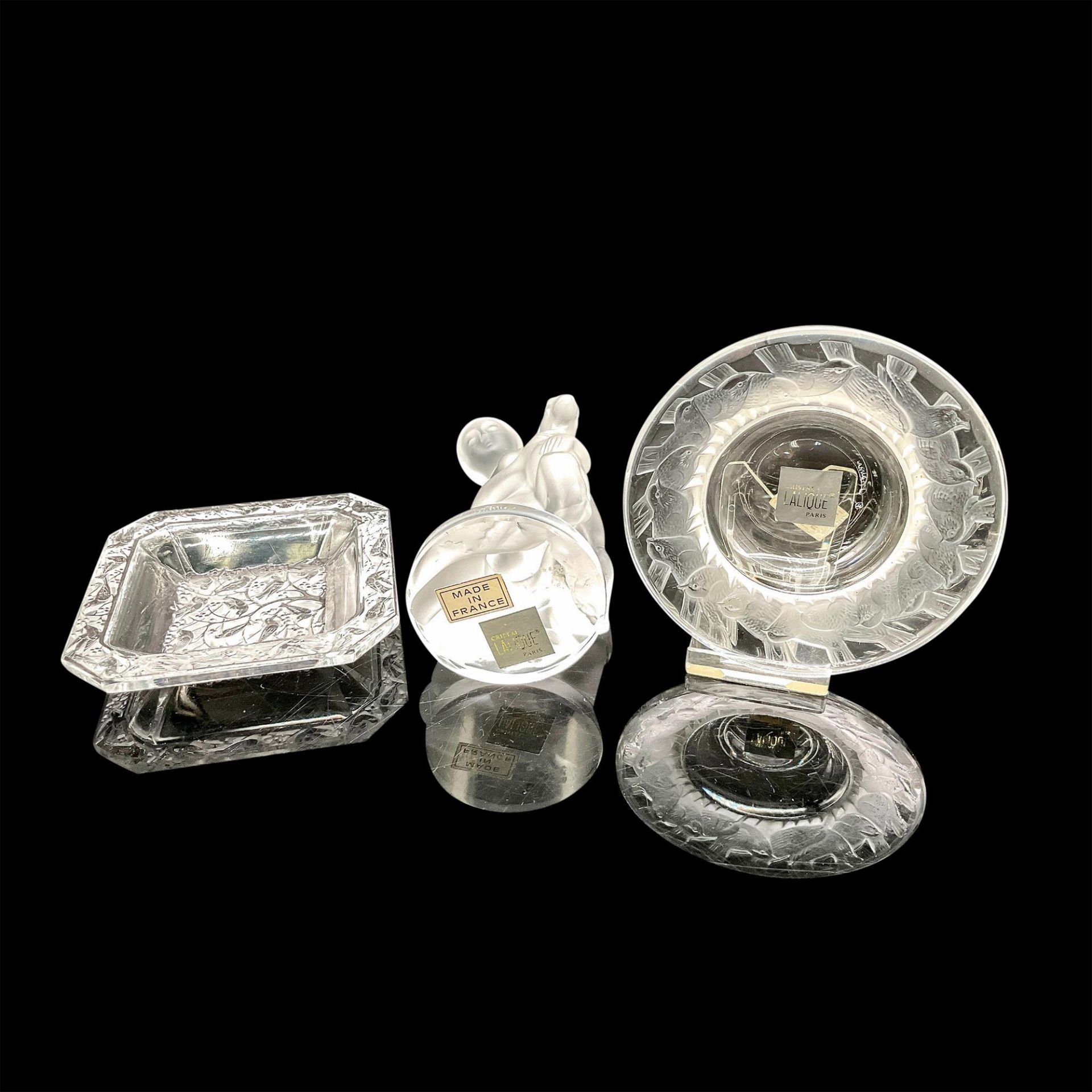 3pc Lalique Crystal Trinket Dishes & Diane Figurine - Image 3 of 3