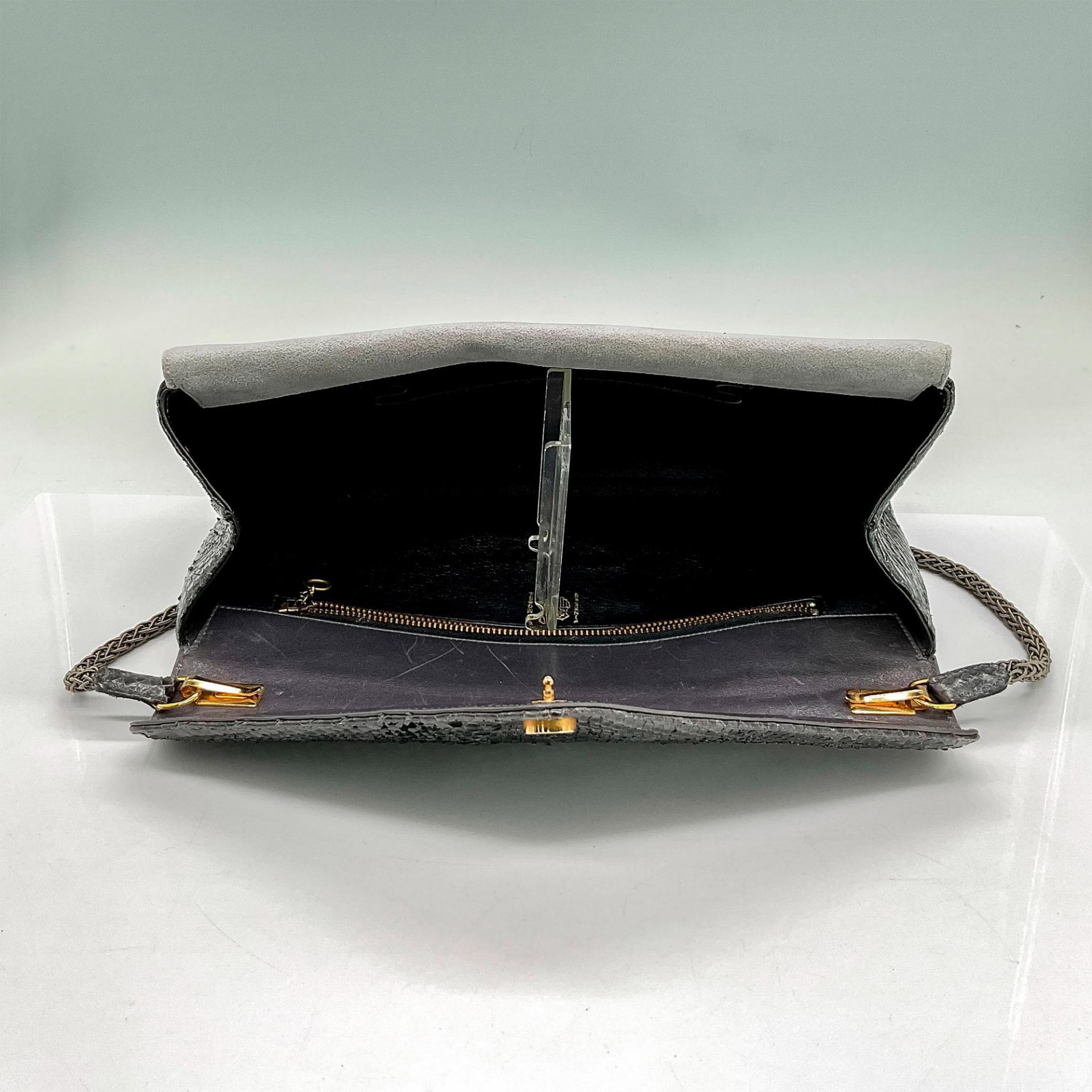 Vintage Finesse La Model Grey Snakeskin and Suede Clutch With Strap Handbag - Image 3 of 4