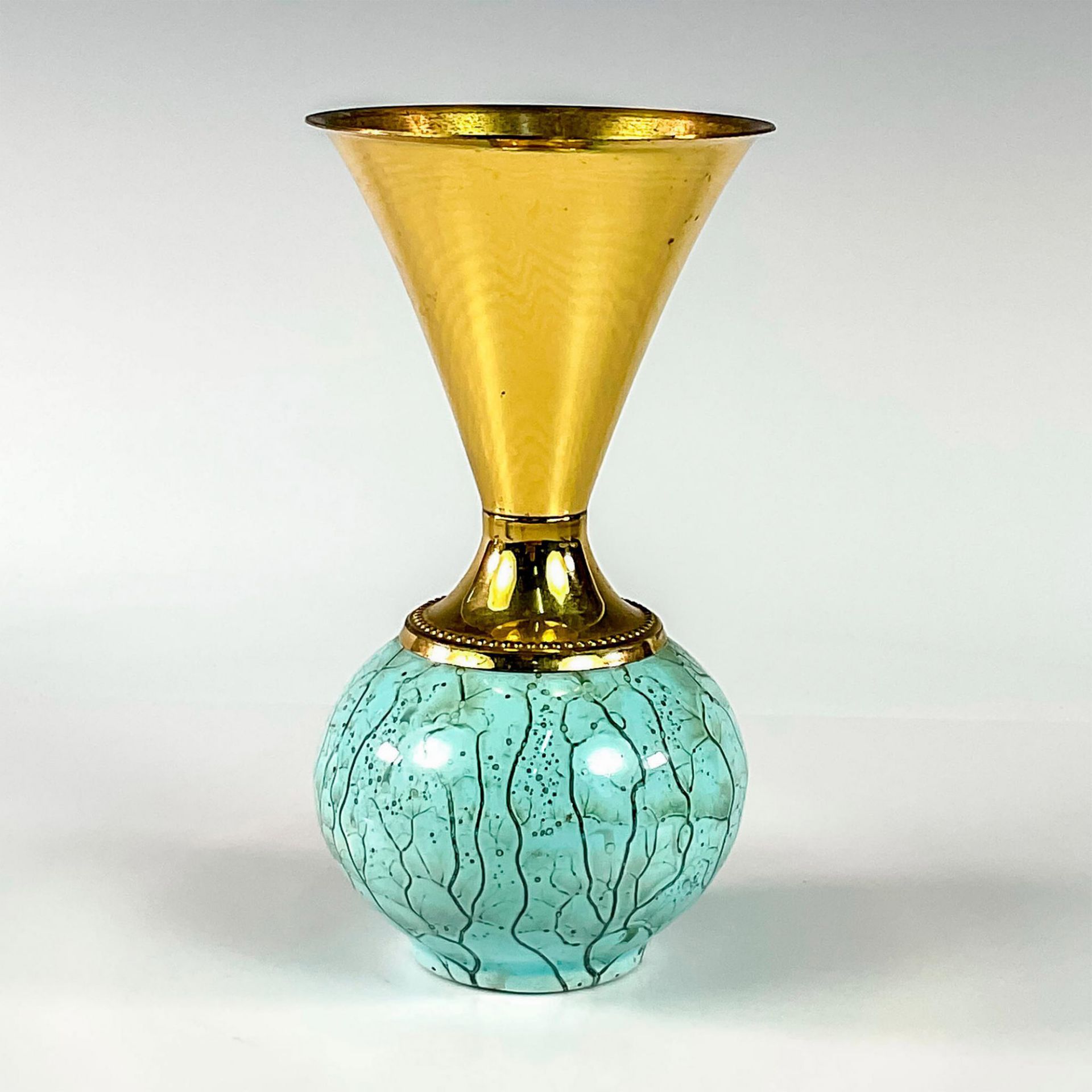 Mid-Century Modern Delft Marbled Glaze Brass & Copper Vase - Image 2 of 3