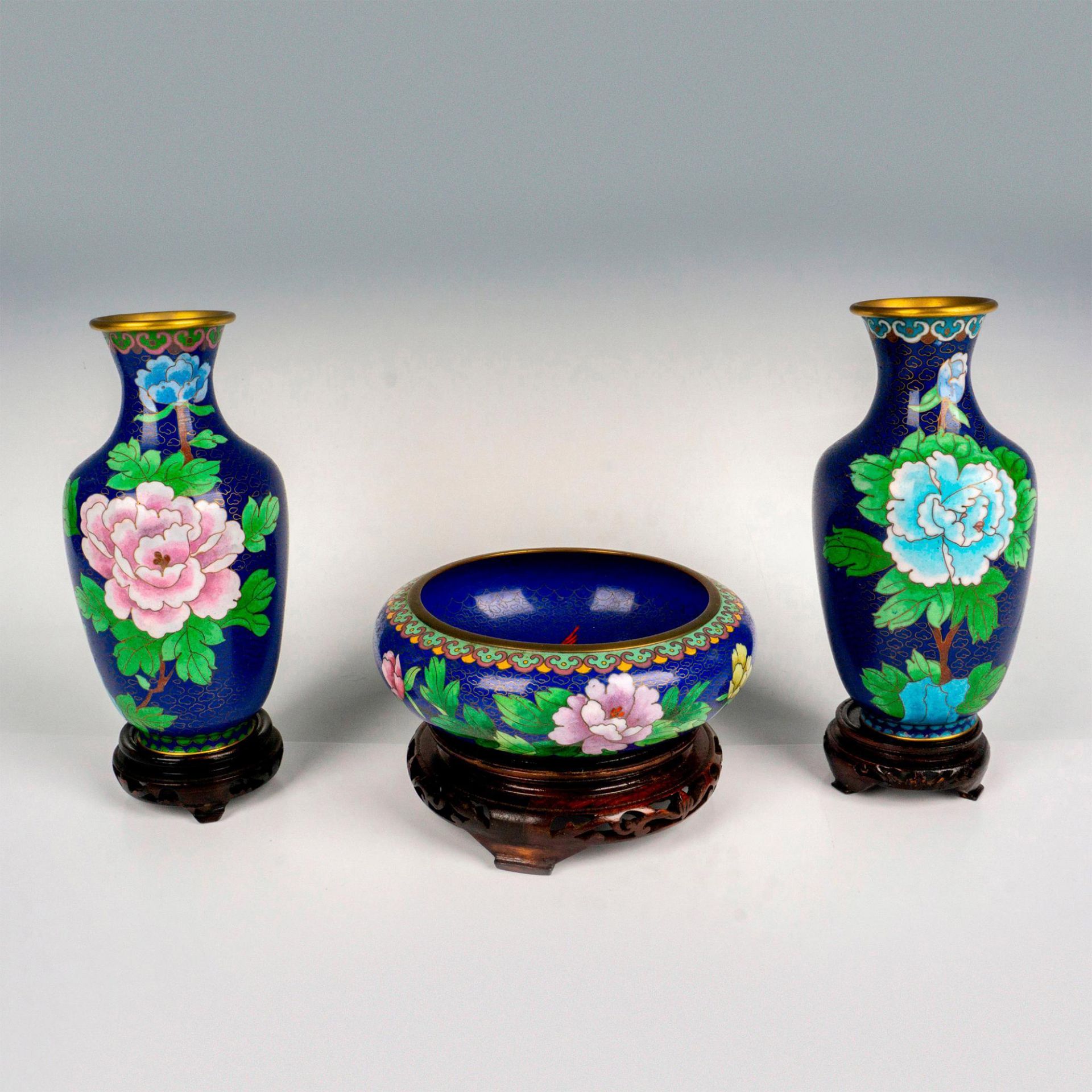 3pc Zi Jin Cheng Chinese Blue Cloisonne Vases
