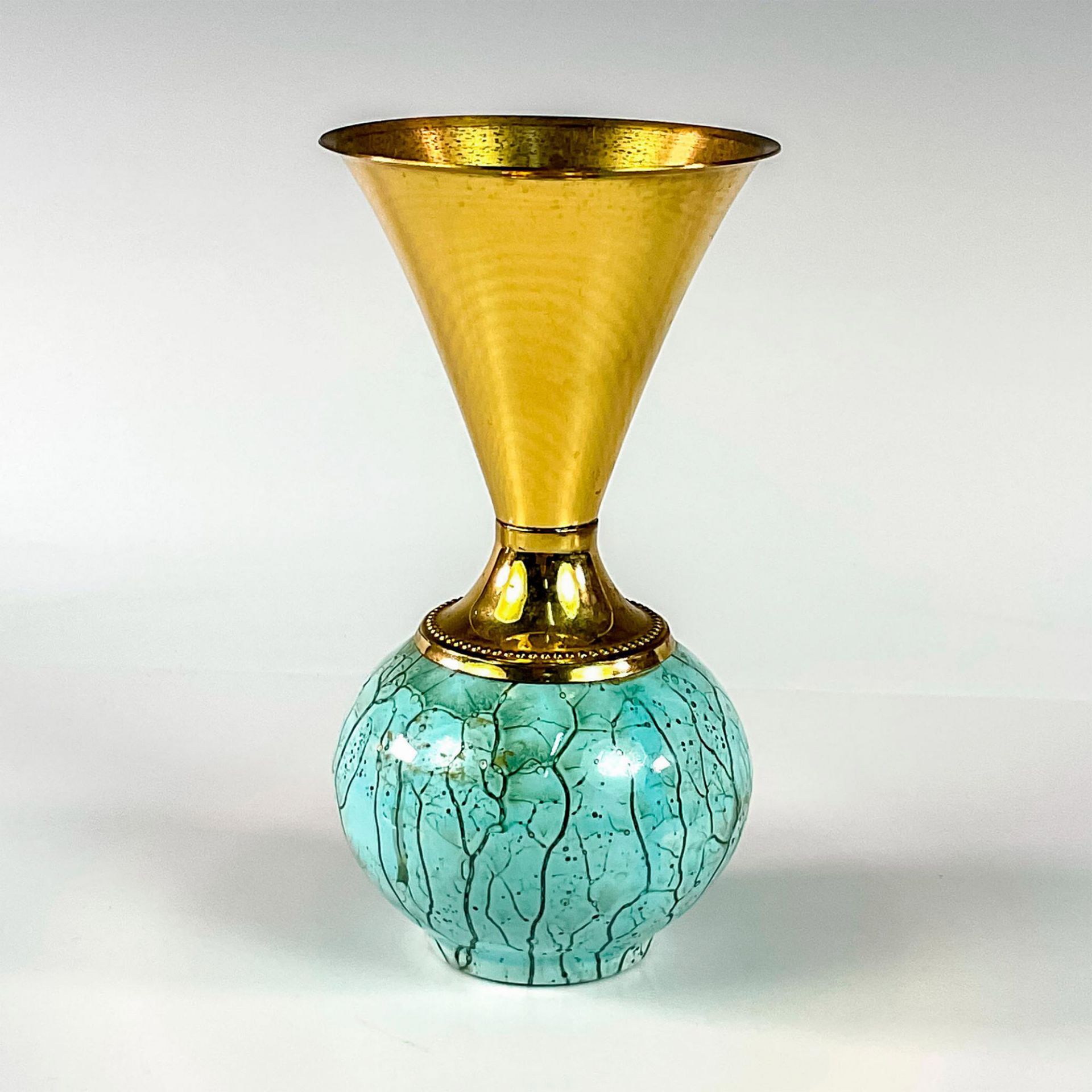 Mid-Century Modern Delft Marbled Glaze Brass & Copper Vase