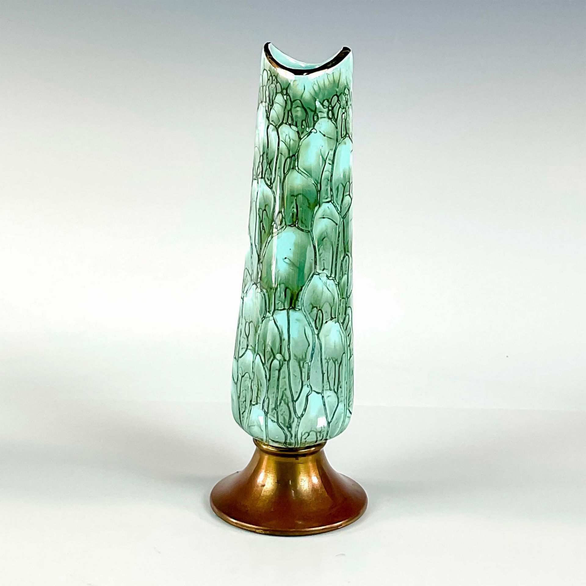 Mid-Century Modern Delft Brass Accent Marbled Glaze Vase - Image 2 of 3