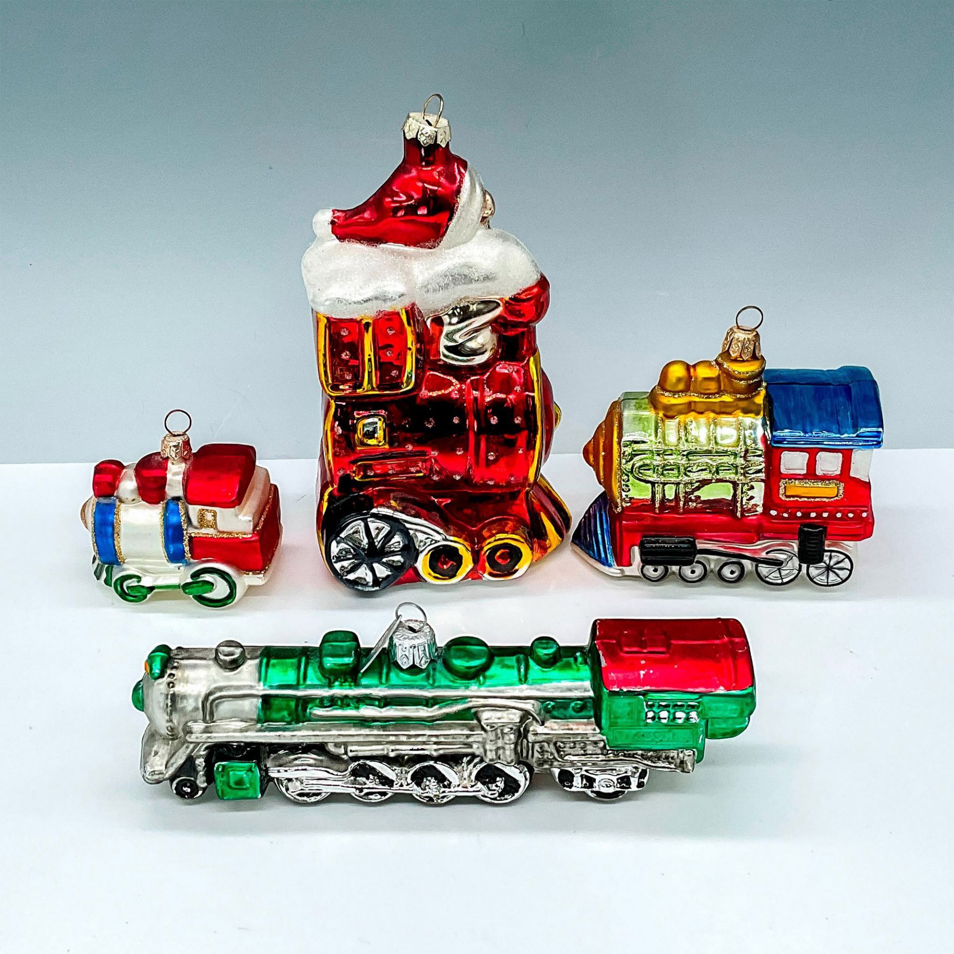 4pc Christmas Train Ornaments, Mercury Style Blown Glass