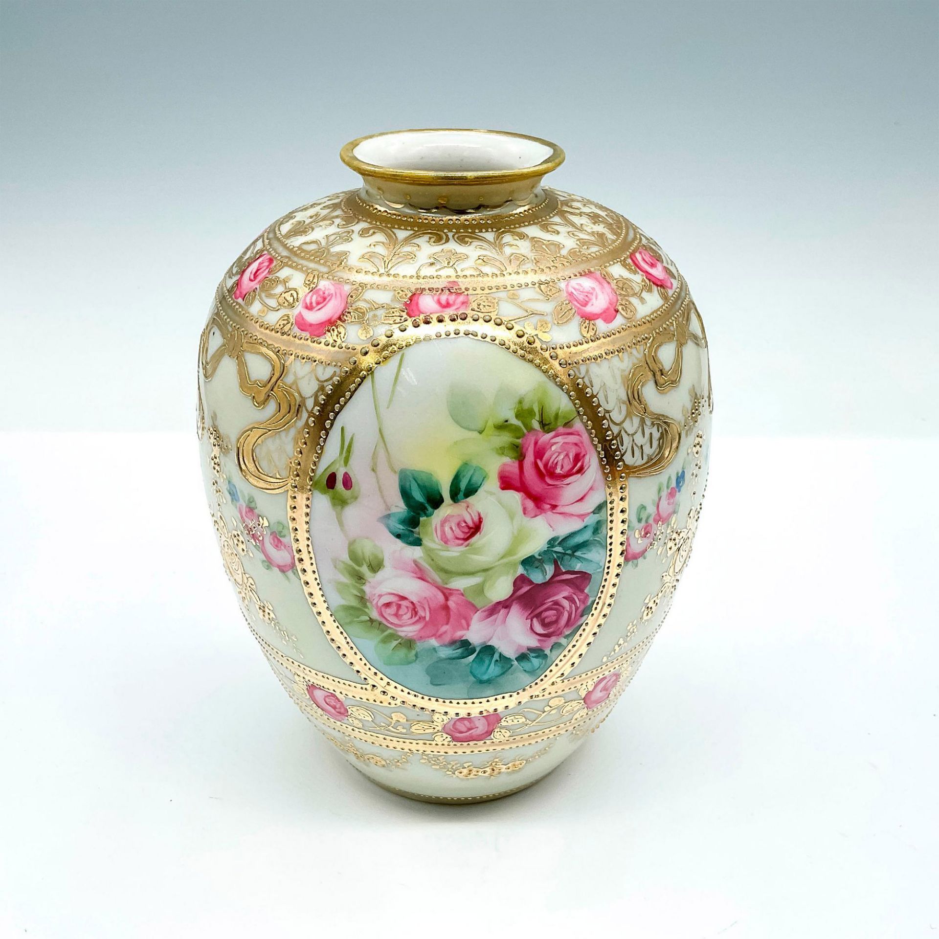 Hand Painted Urn Shaped China Vase, Gold Gilt & Floral
