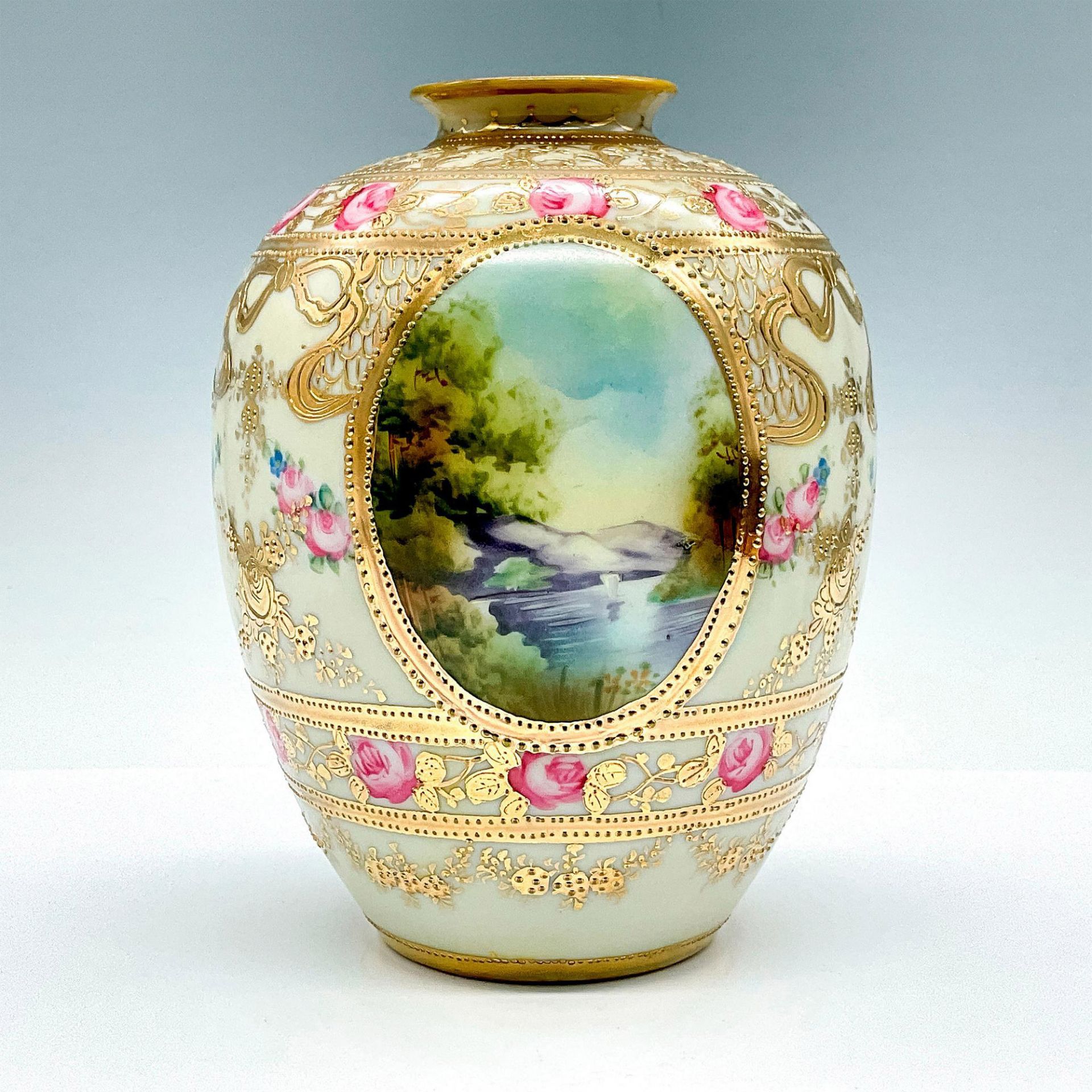 Hand Painted Urn Shaped China Vase, Gold Gilt & Floral - Image 2 of 3