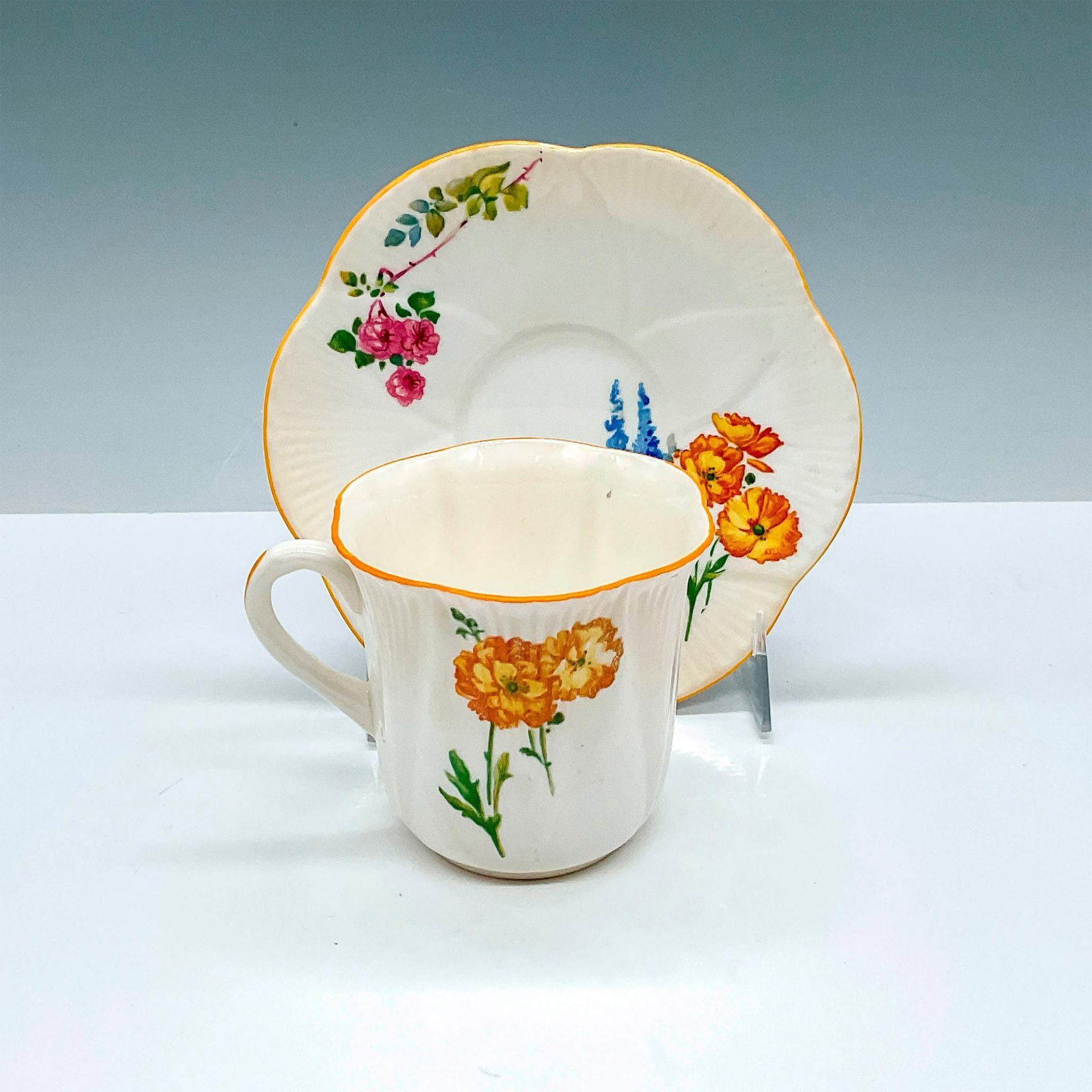 Shelley China Teacup and Saucer Set, Floral w/Yellow Rim - Image 2 of 3