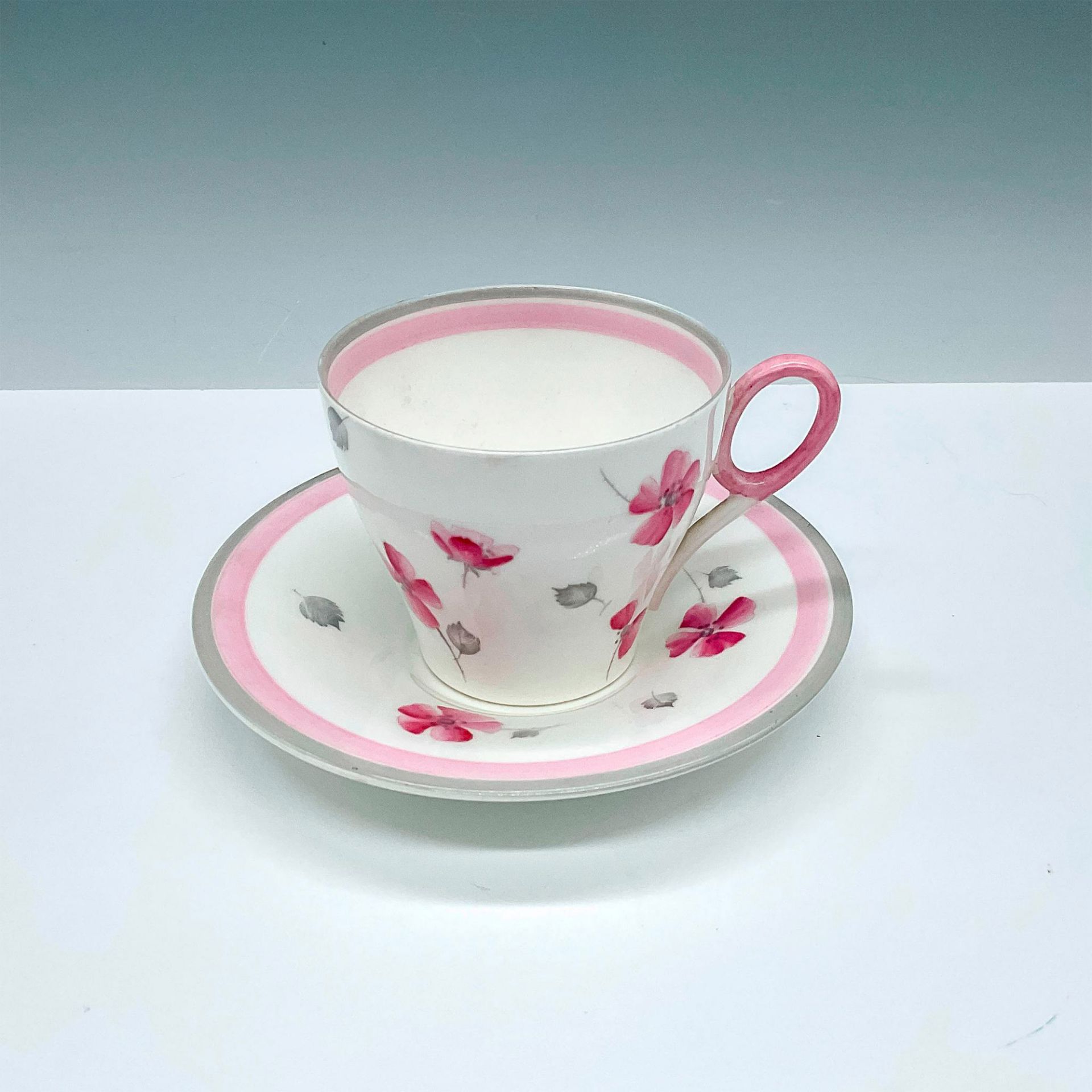Shelley China Teacup and Saucer Set, Pink & Grey Flowers