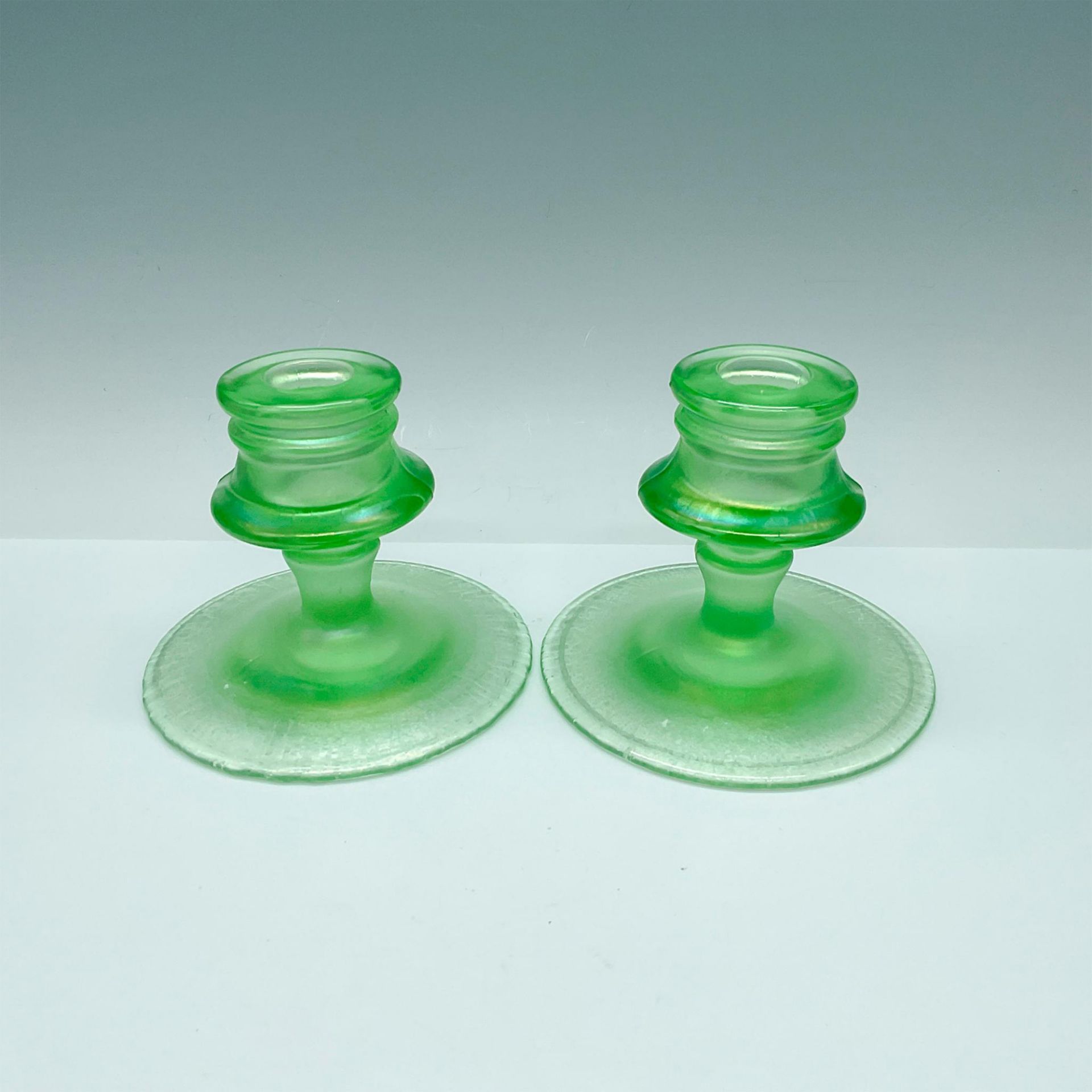 Pair of Antique Fenton Florentine Green Candle Holders