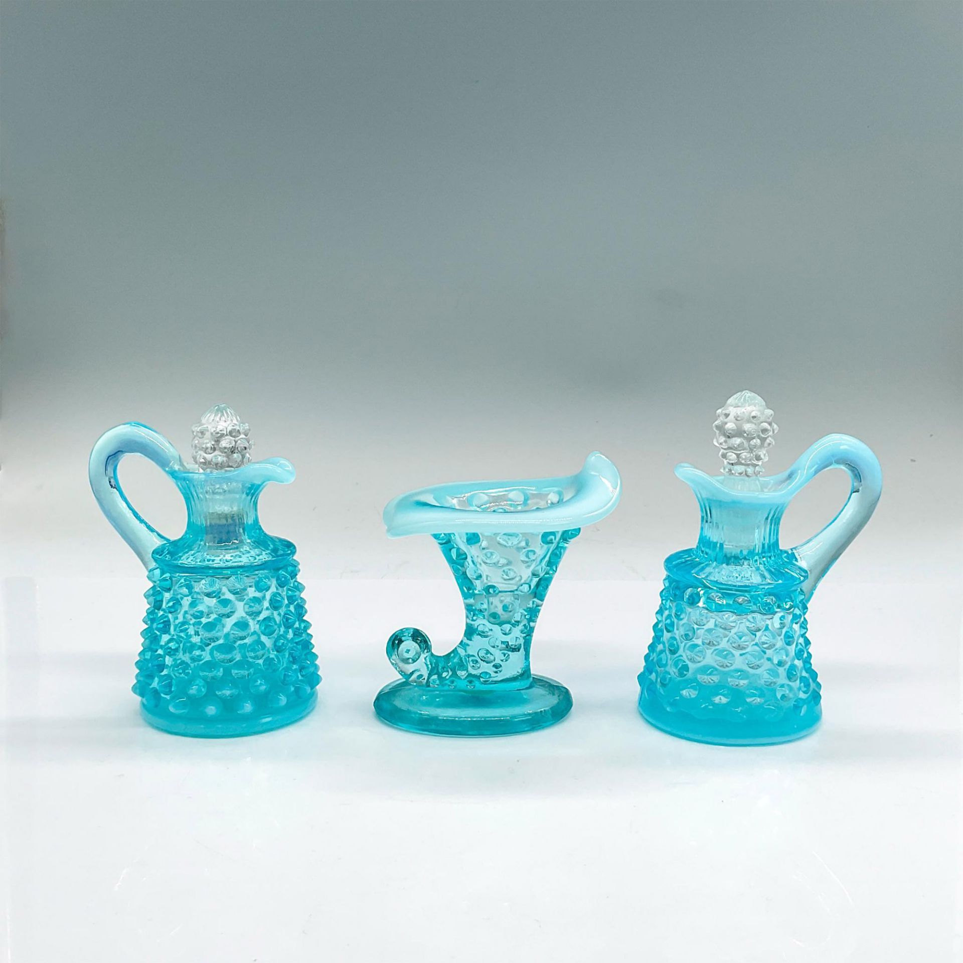 3pc Fenton Opalescent Glass Hobnail Cruet Decanters + Vase