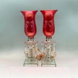 2pc Vintage Cranberry Glass Lamps With Prisms