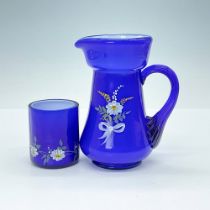 2pc Fenton Hand Painted by Linda Everson Child's Glass Water Pitcher and Cup