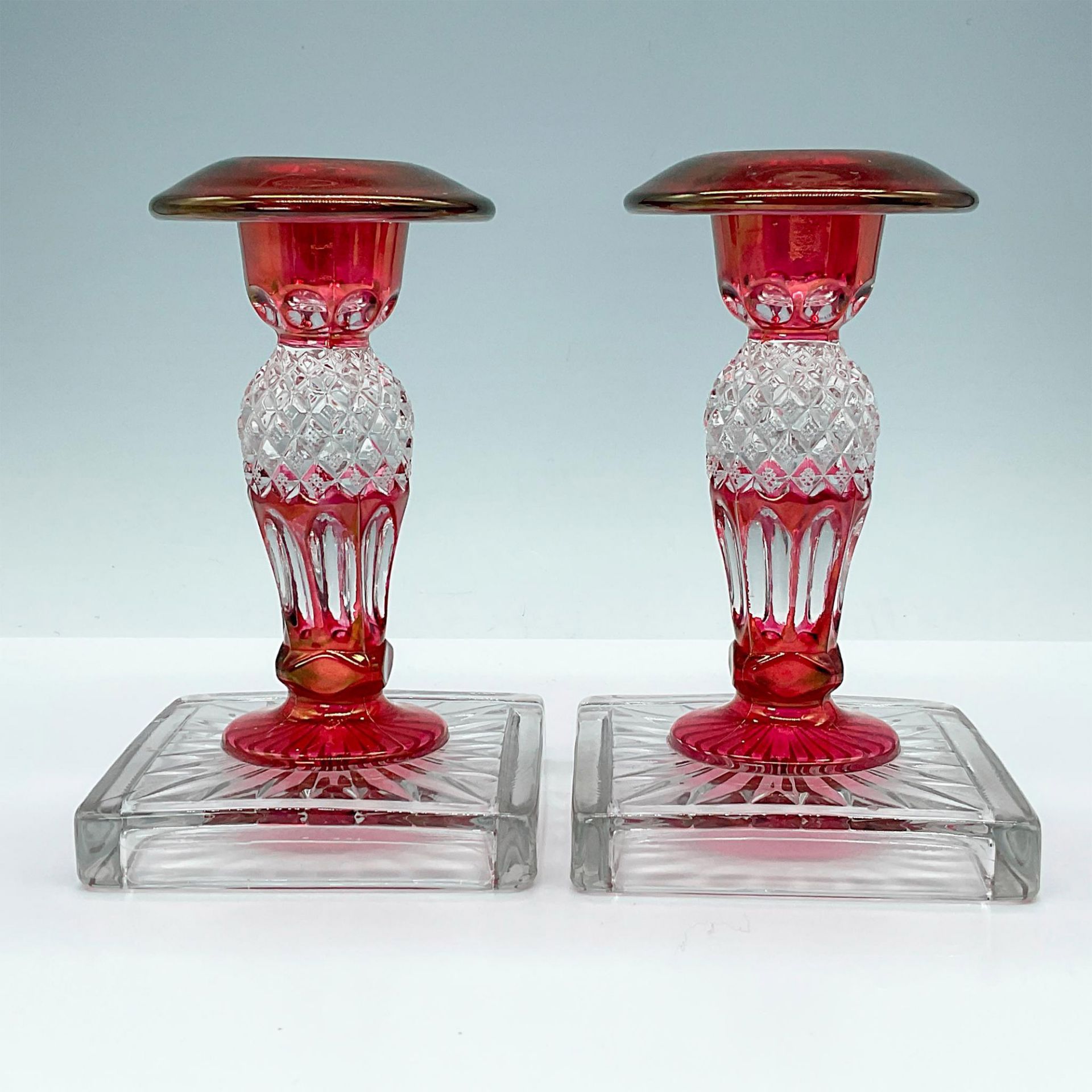 2pc Westmoreland Glass Co. Ruby Red & Clear Candlesticks - Bild 2 aus 3