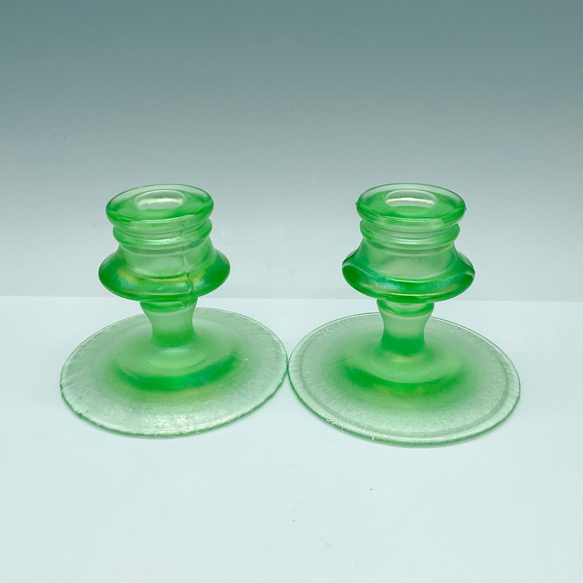 Pair of Antique Fenton Florentine Green Candle Holders - Image 2 of 3