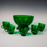 12pc Vintage Green Glass Punch Bowl w/Stand and 10 Cups