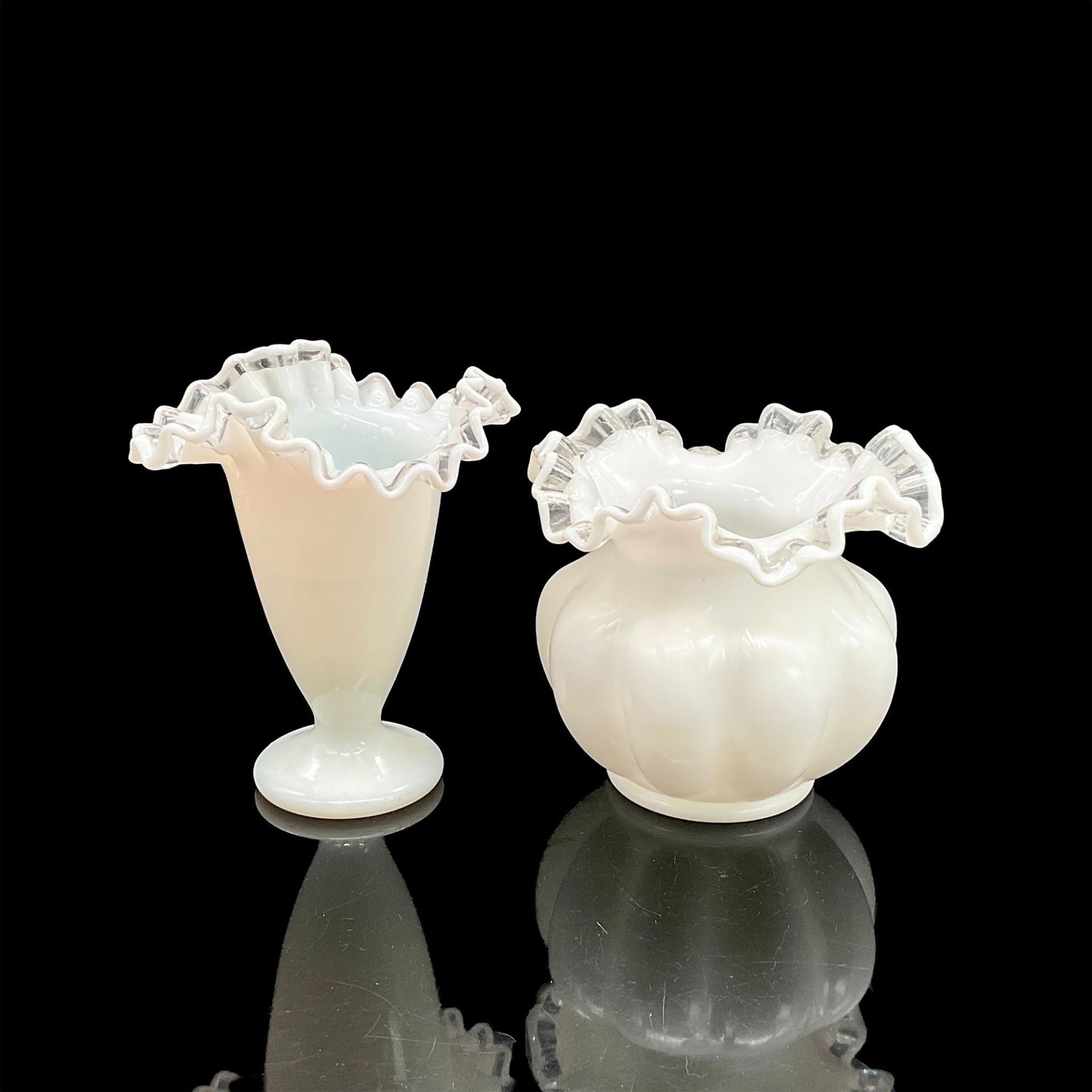 2pc Fenton Milk Glass Silver Crest Vases
