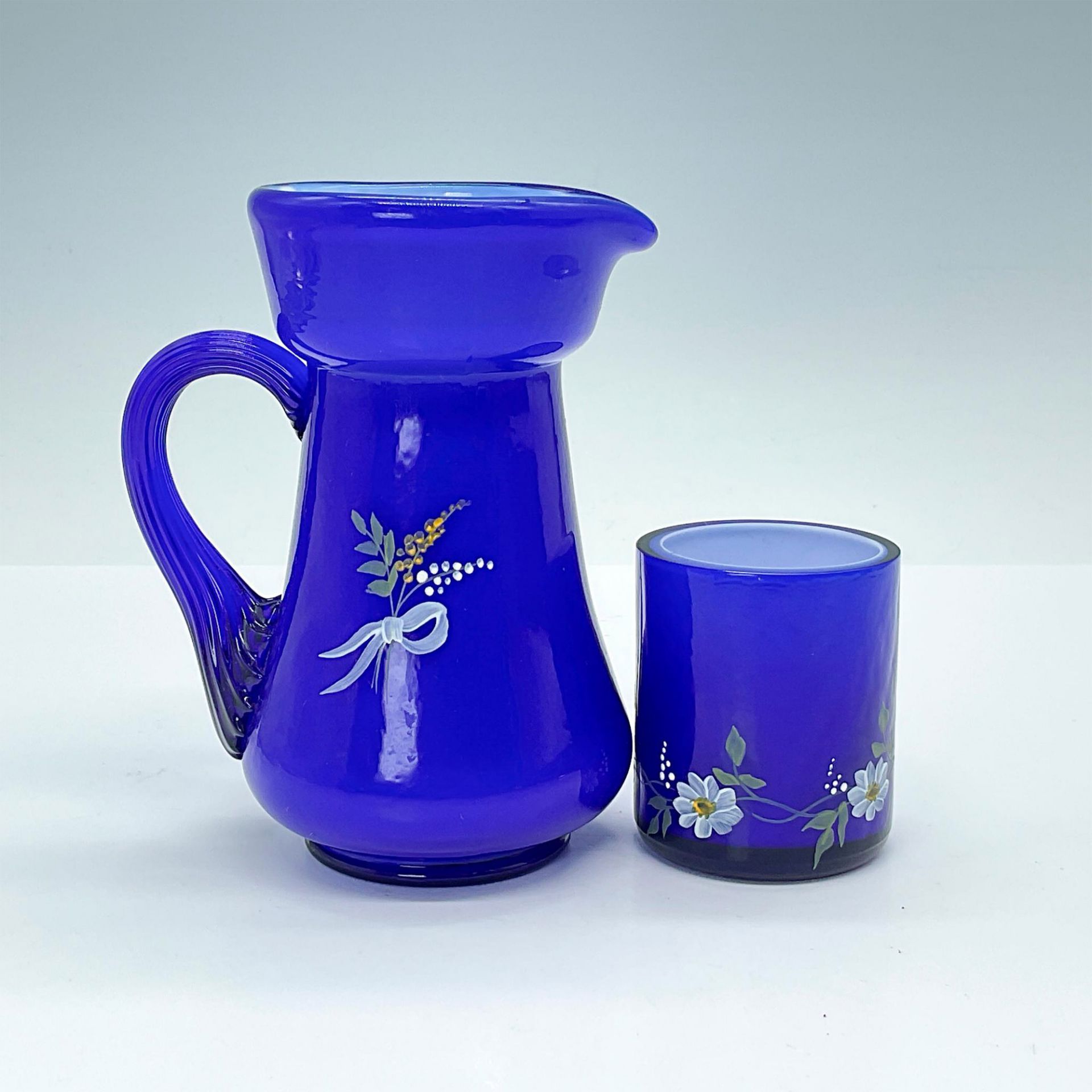 2pc Fenton Hand Painted by Linda Everson Child's Glass Water Pitcher and Cup - Image 2 of 3