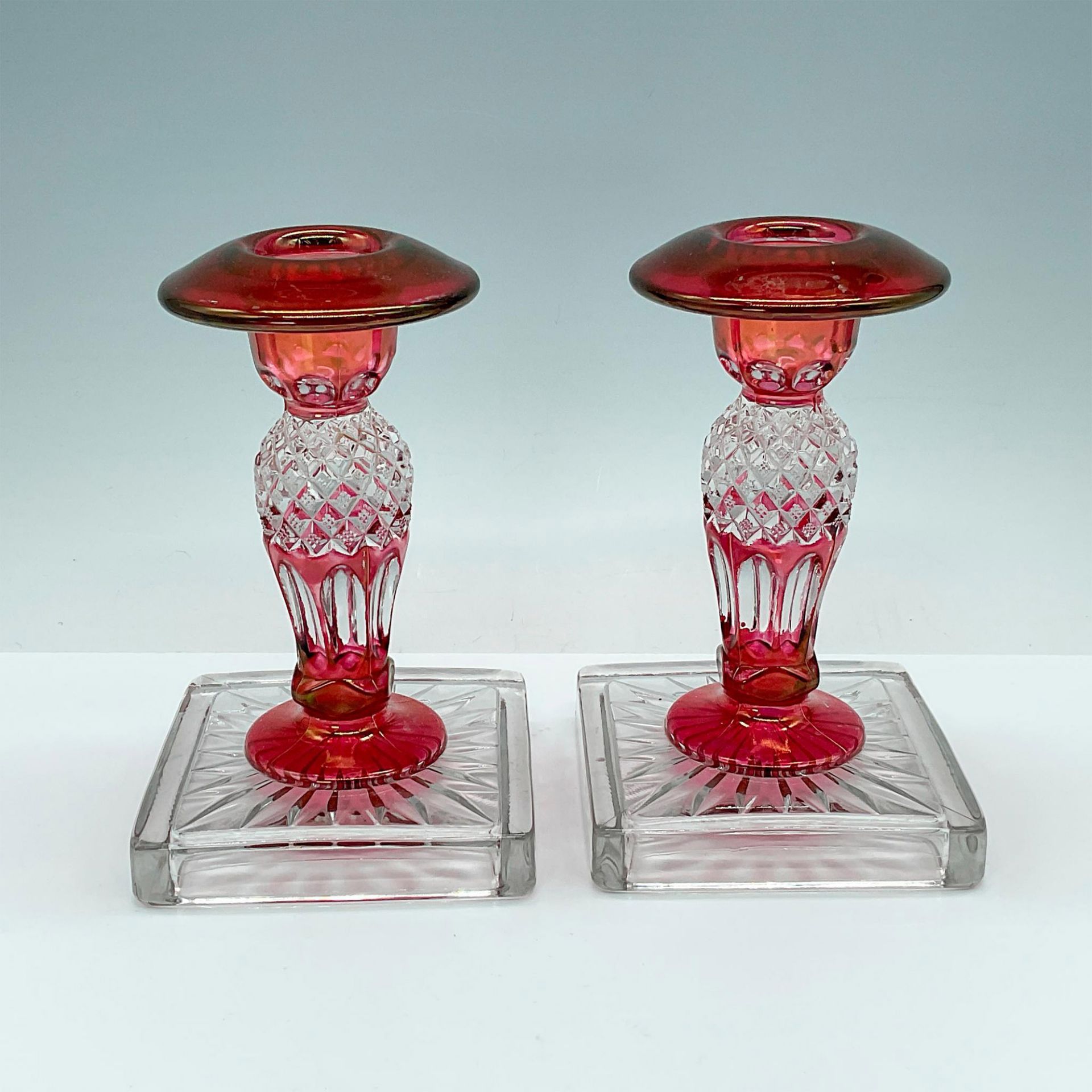 2pc Westmoreland Glass Co. Ruby Red & Clear Candlesticks