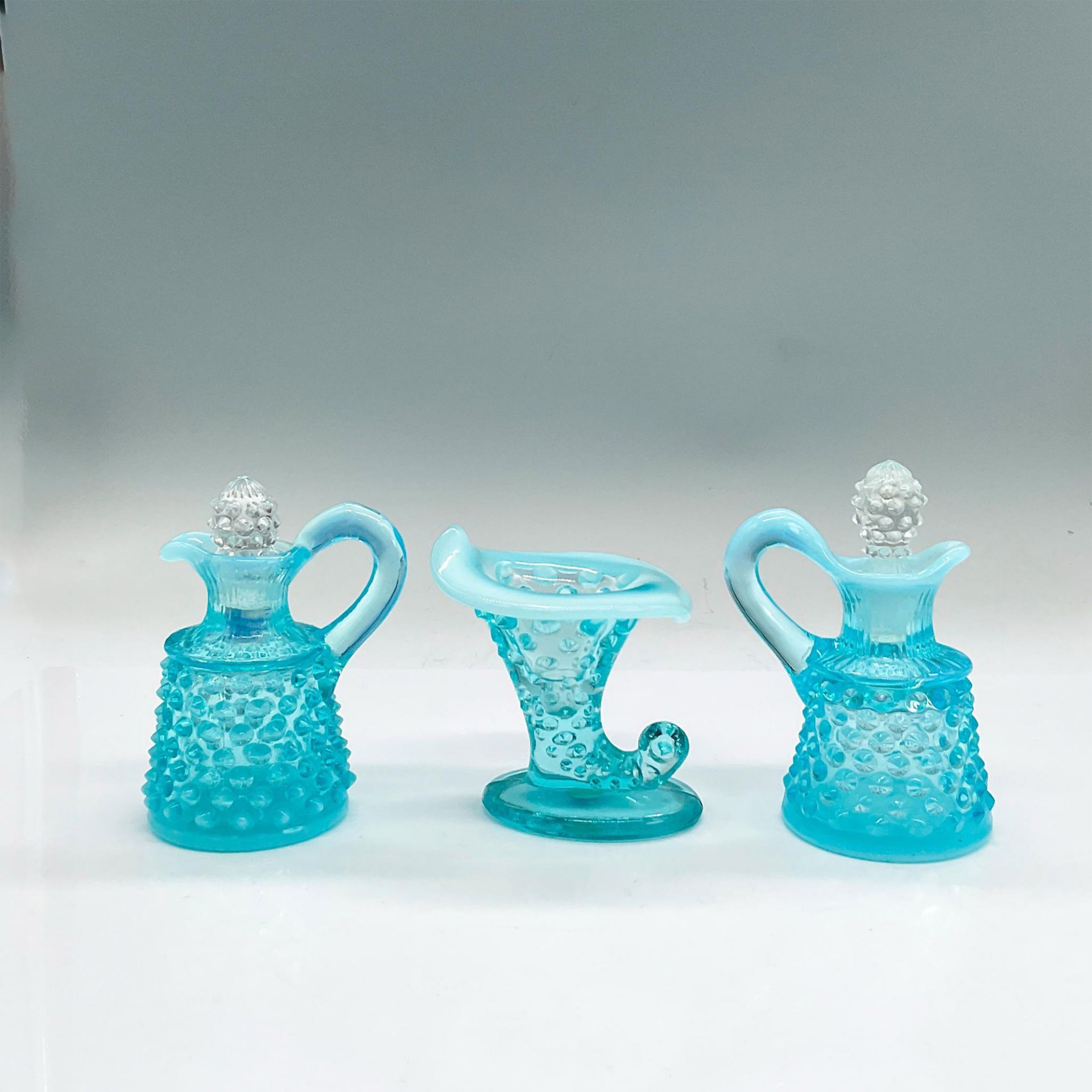 3pc Fenton Opalescent Glass Hobnail Cruet Decanters + Vase - Image 2 of 3