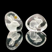 2pc Crystal d'Arques/Mats Jonasson Paperweights, Rabbits