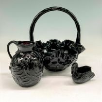 3pc Fenton Black Amethyst Thumbprint Basket + Creamer