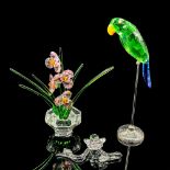 3pc Glass Figurines, Flowers in Pot, Flower on Vine, Parrot