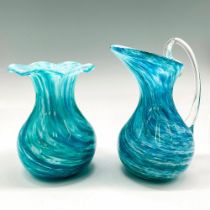 2pc Vintage Art Glass Swirl Pattern Vase + Pitcher