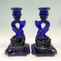 2pc Vintage Cambridge Cobalt Blue Glass Koi Candle Holders