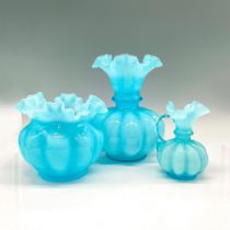 3pc Fenton Blue Double Crimped Melon Vase + Pitcher