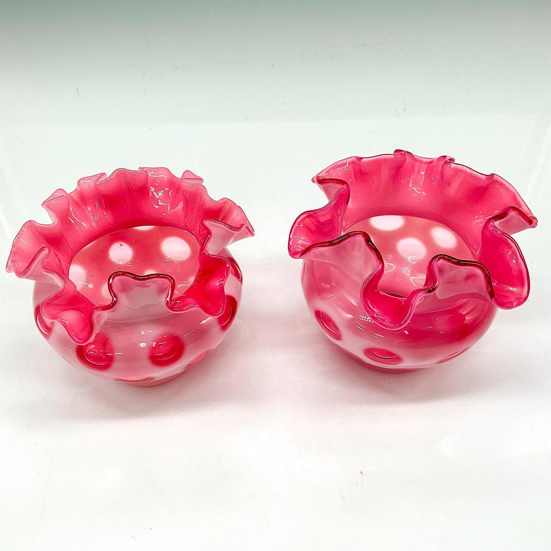 2pc Fenton Ruffled Glass Coin Dot Vase - Image 2 of 3