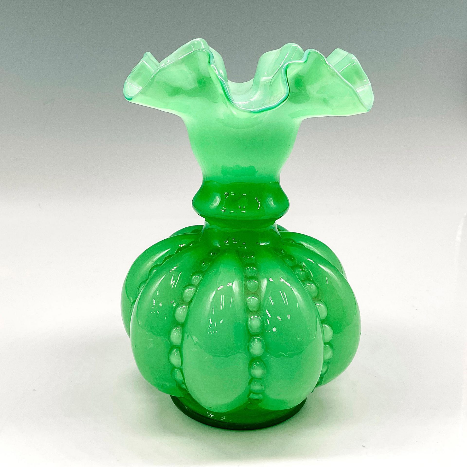 Vintage Fenton Green Opalescent Melon Vase