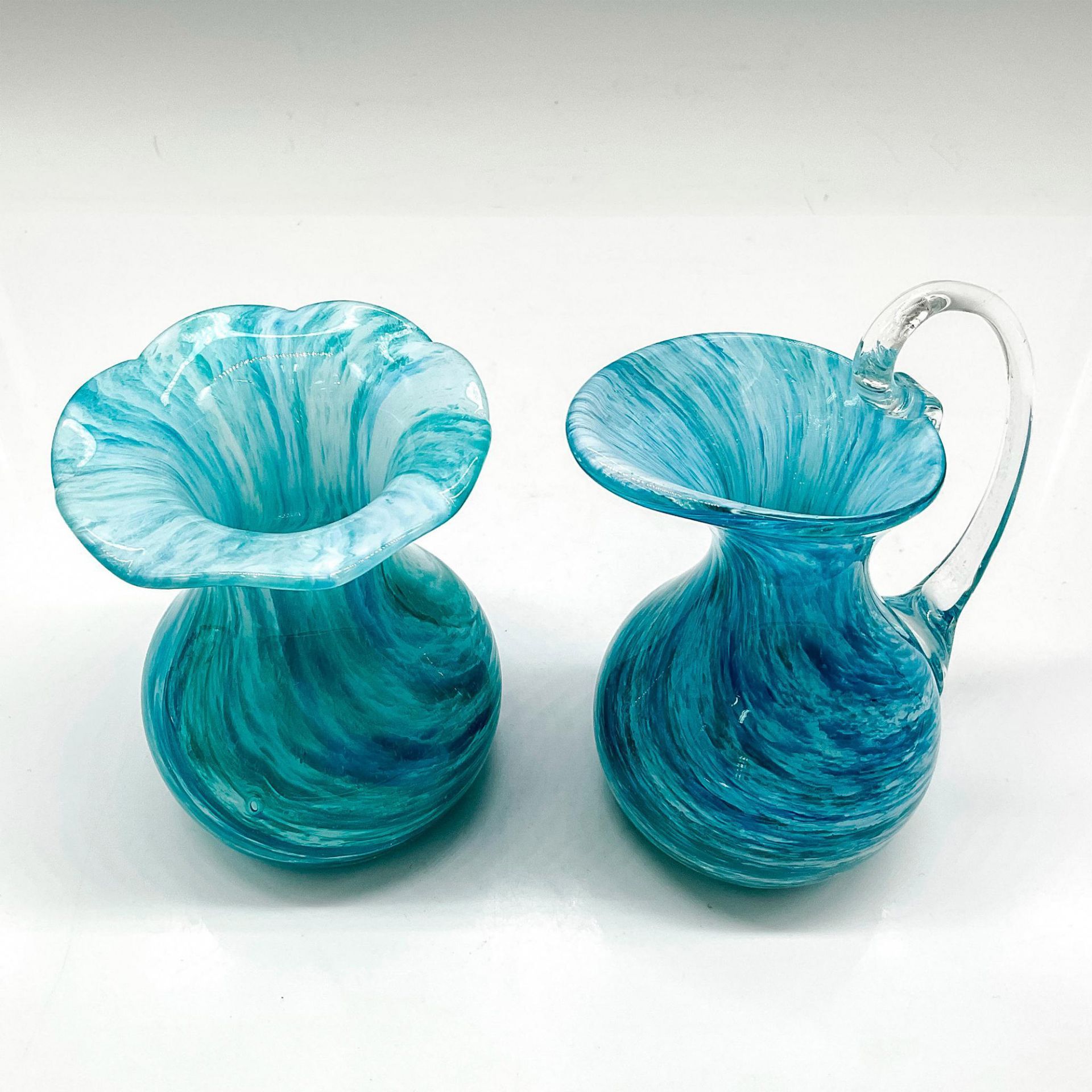 2pc Vintage Art Glass Swirl Pattern Vase + Pitcher - Image 2 of 3