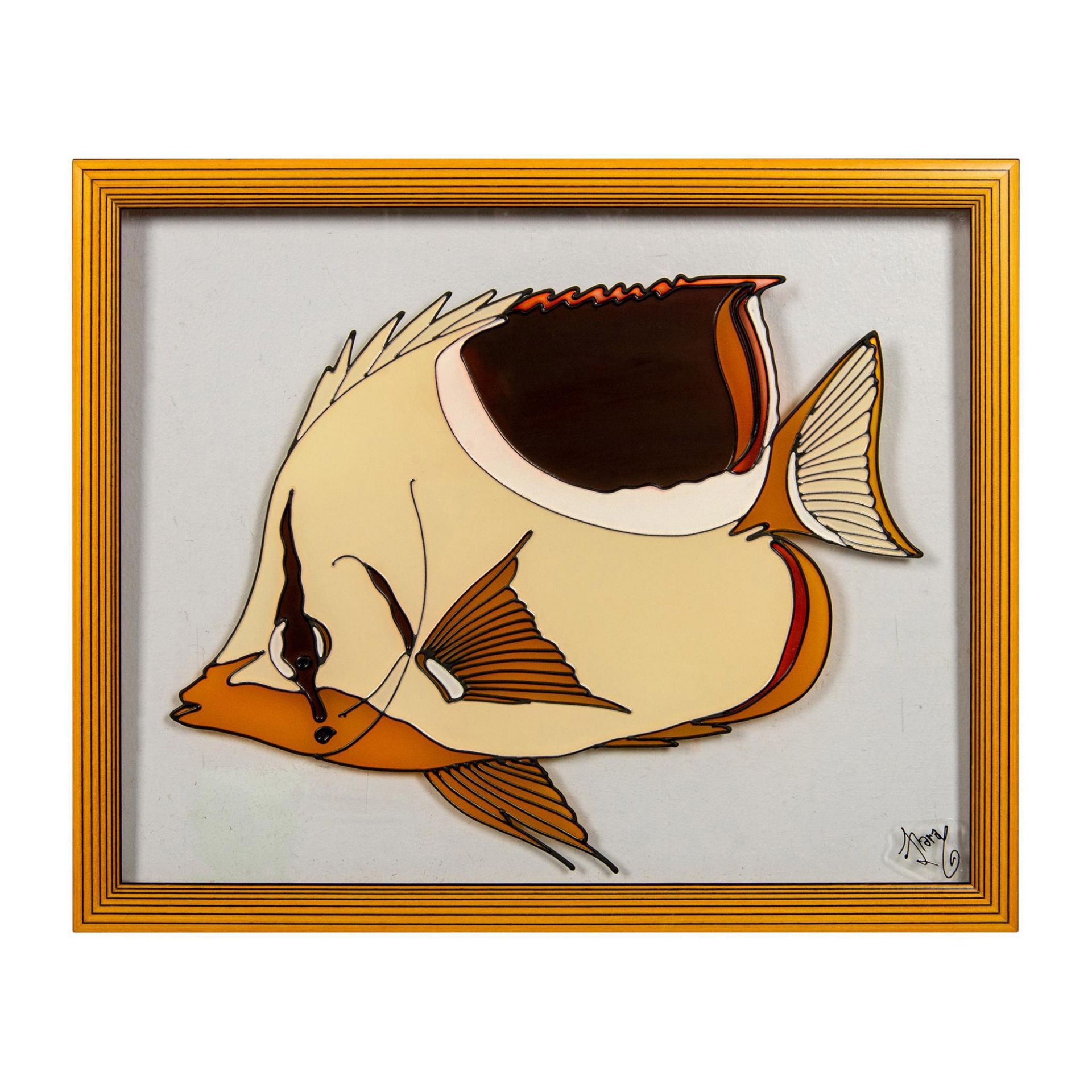 Framed Stained and Painted Glass Art, Tropical Fish, Signed - Image 3 of 6