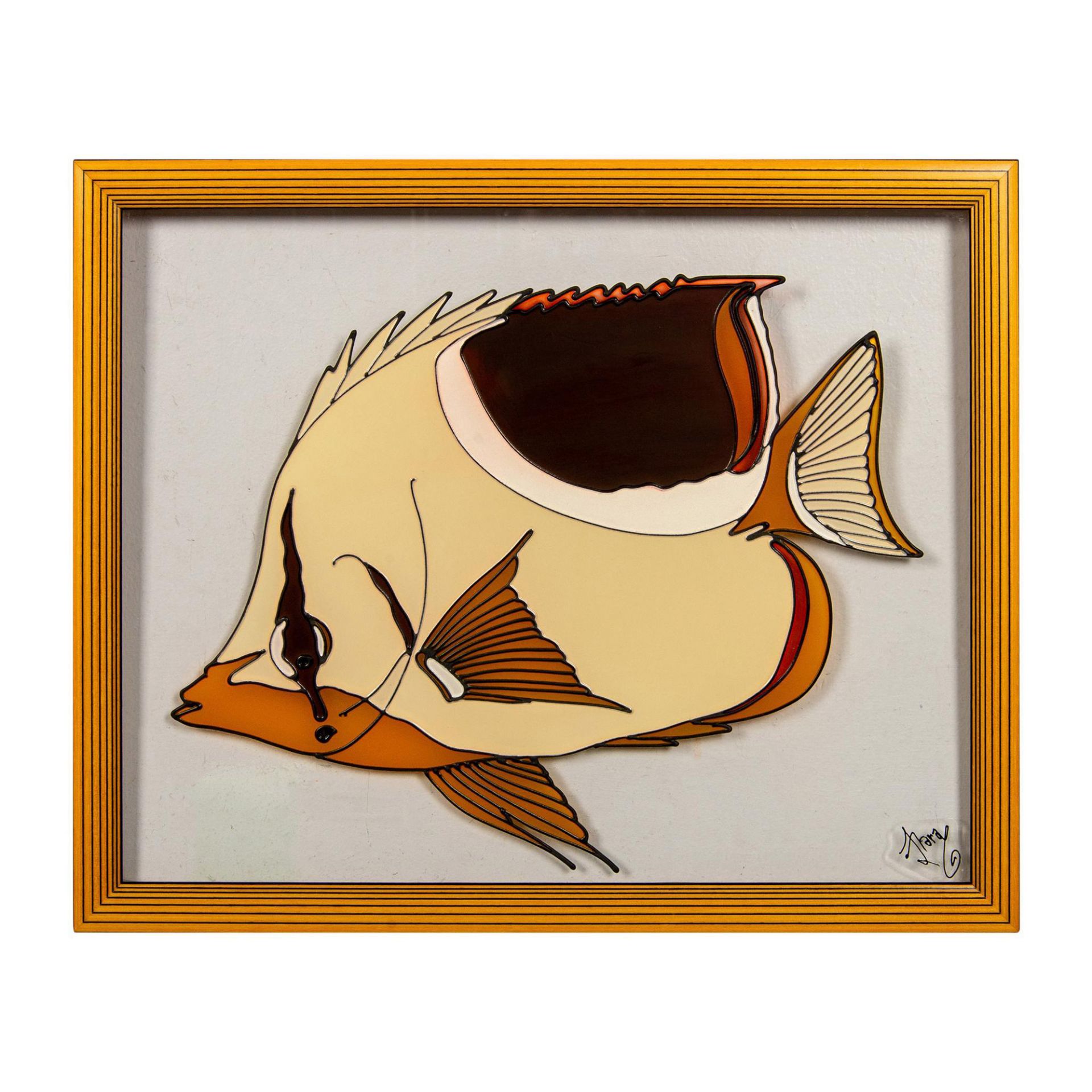 Framed Stained and Painted Glass Art, Tropical Fish, Signed - Image 4 of 6