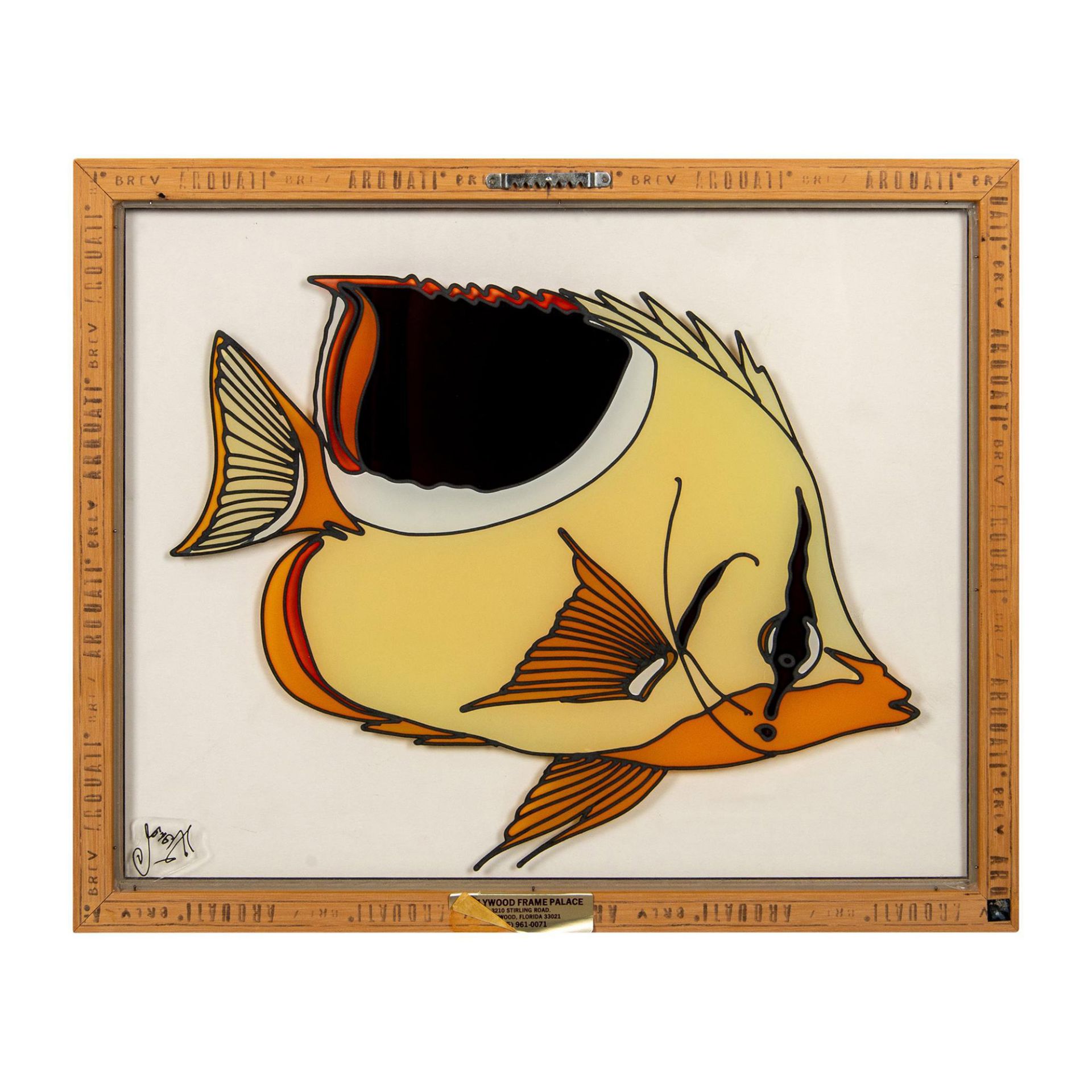 Framed Stained and Painted Glass Art, Tropical Fish, Signed - Bild 2 aus 6