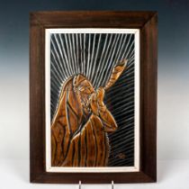 Judaica Framed Relief Plaque, Rabbi Blowing Shofar, Signed