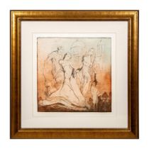 Original Color Etching, Expressionism, Three Nudes, Signed