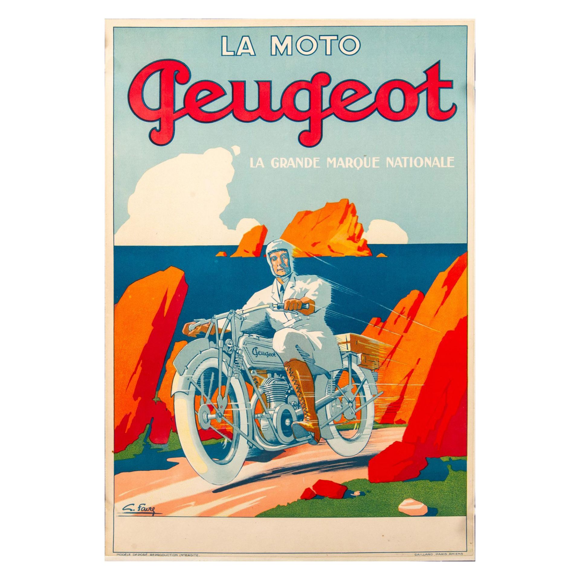 Original Color Lithograph Peugeot Motorcycle French Poster