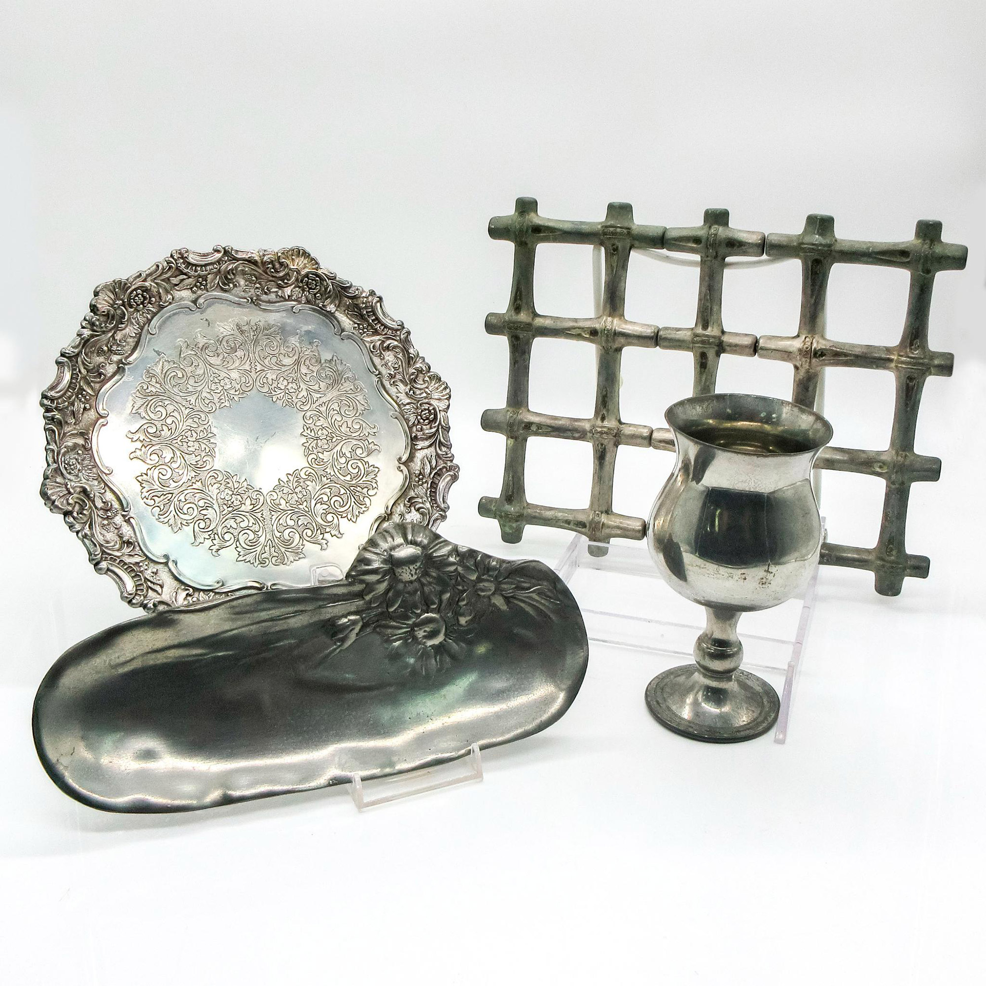 4pc Vintage Pewter Silver Trays And Goblet Set - Image 2 of 3