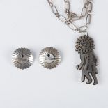 2pc Zuni Sterling Silver Sunface Necklace & Clip-On Earrings