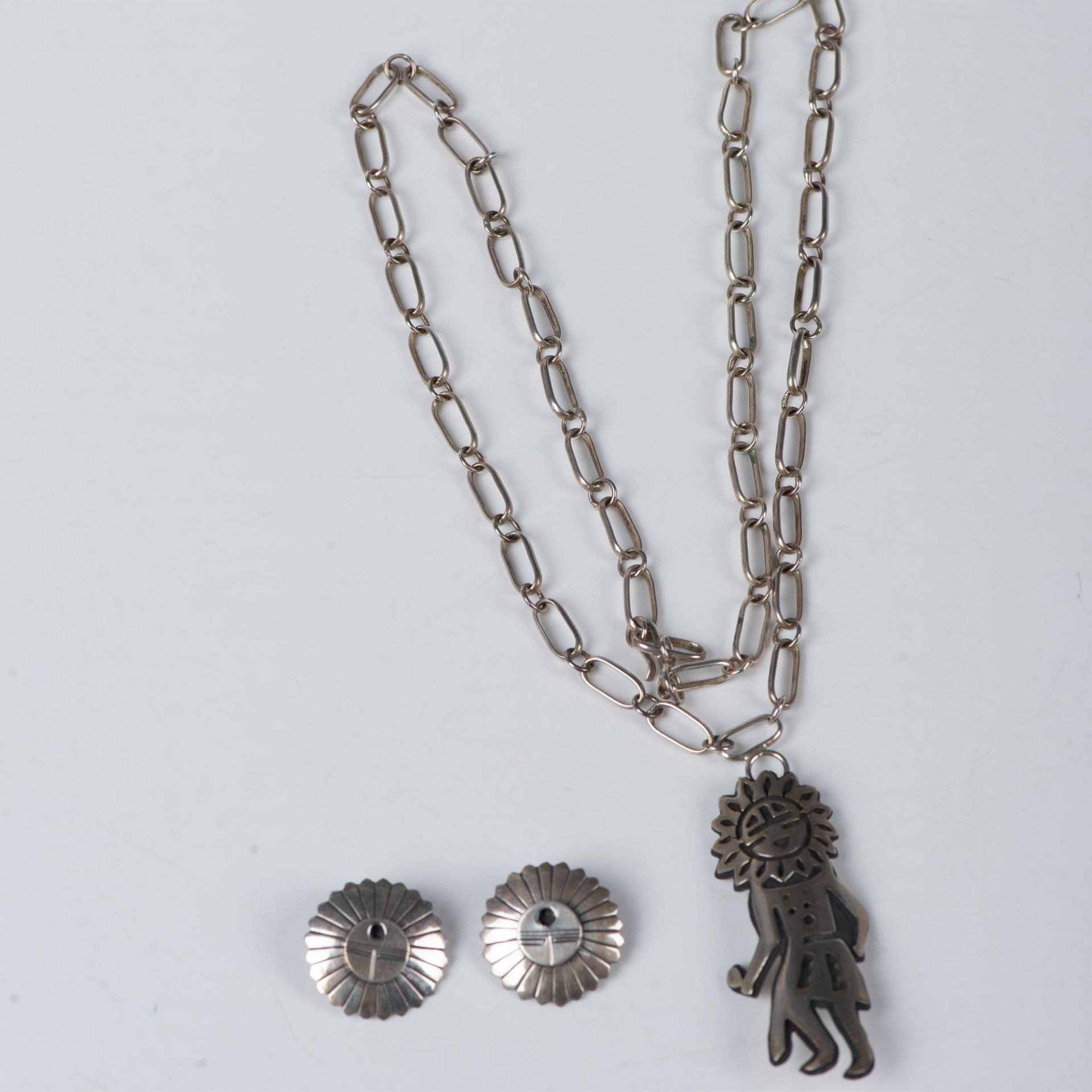 2pc Zuni Sterling Silver Sunface Necklace & Clip-On Earrings - Image 2 of 5