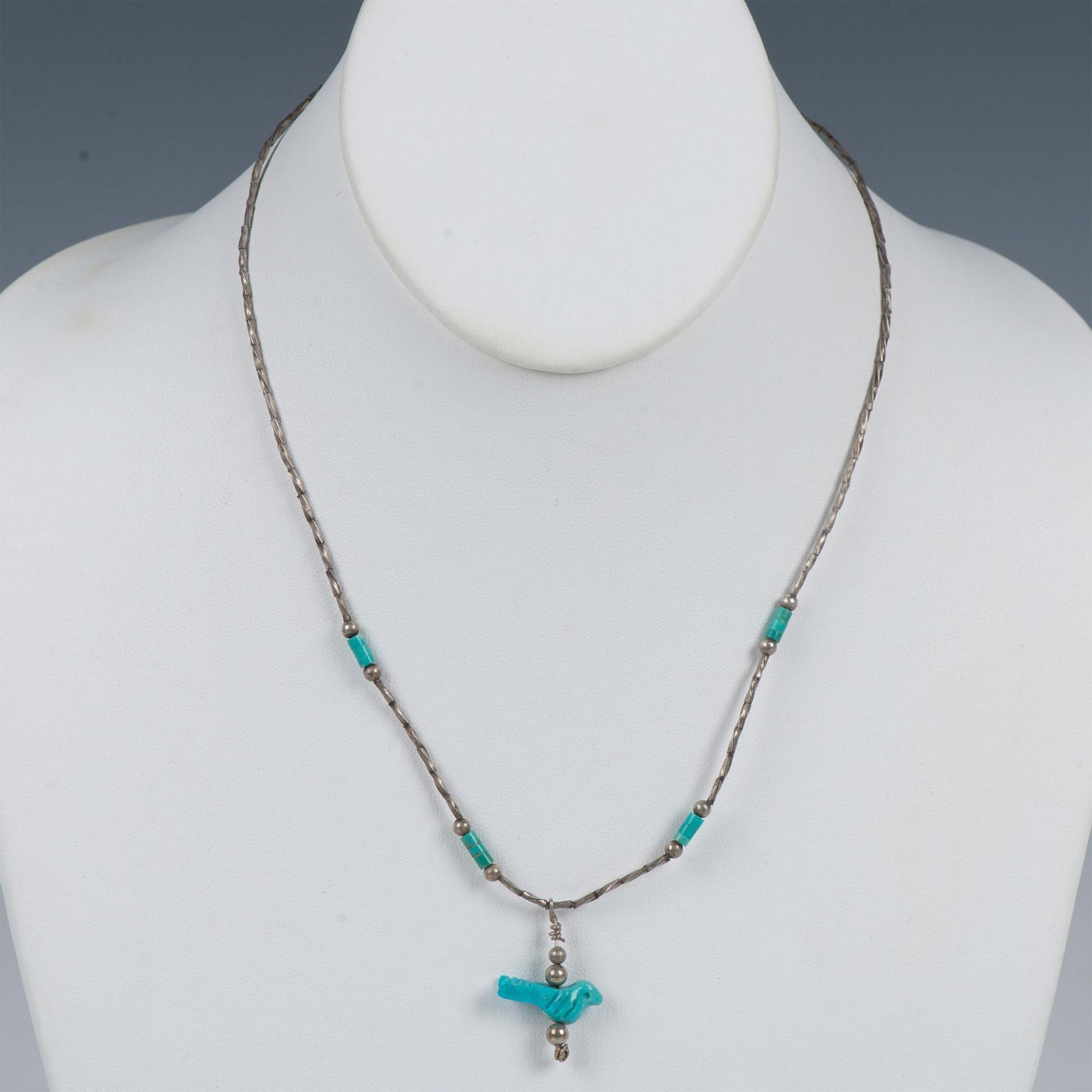 Cute Native American Silver & Turquoise Bird Fetish Necklace - Image 2 of 3