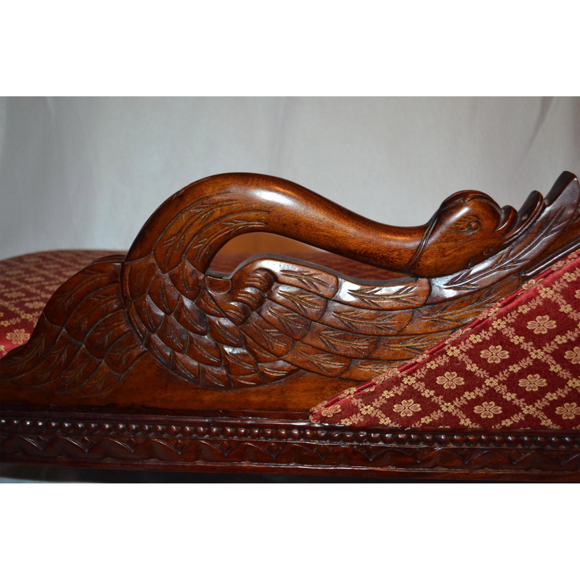 Miniature European Mahogany Hand Carved And Crafted Swan Sofa, Upholstered In Red/Gold Pattern Damas - Image 4 of 5