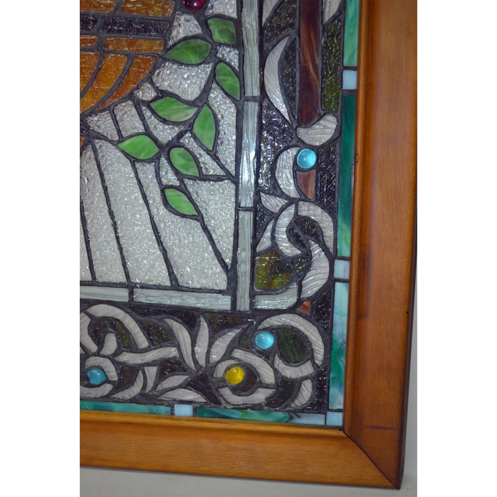 Vintage Stain Glass Window, Wood Frame - Bild 3 aus 4