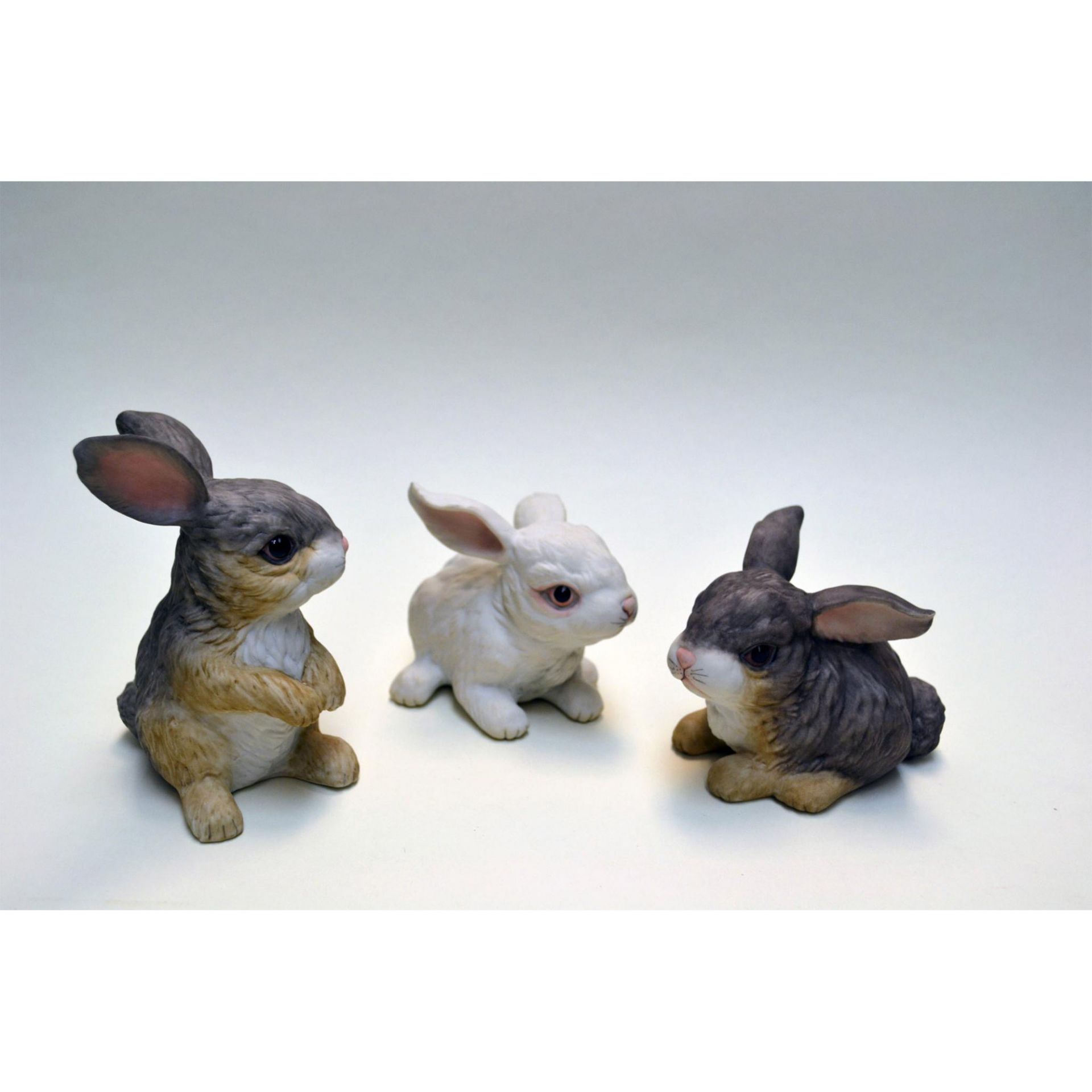 Boehm Porcelain Rabbits, Sitting And At Rest, White & Wild Figurines, 3 Pcs